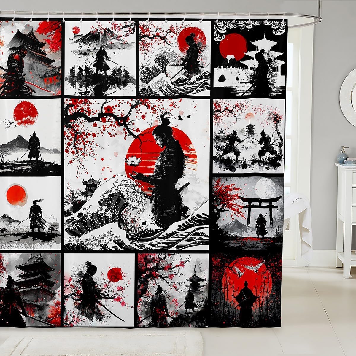 Feelyou Kids Japan Art Geisha Shower Curtain 72"x84" Boys Girls Cherry Blossoms Bathroom Shower Curtain Set Japanese Style Bath Curtain Japanese Tradition Aesthetic Bathroom Accessories