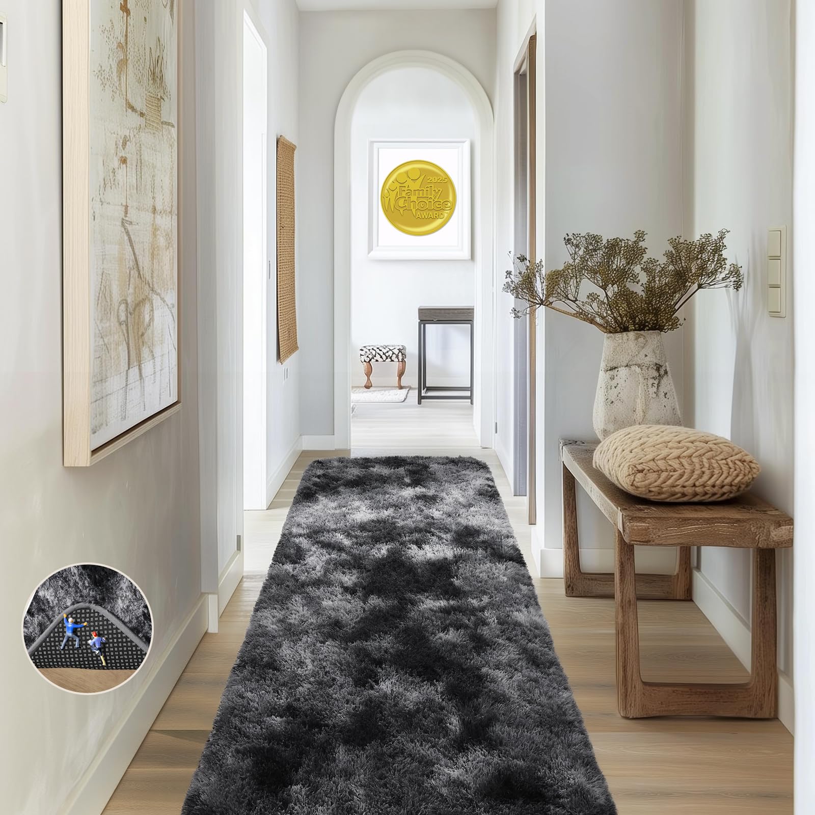 Ophanie Tie-Dyed Black &amp; Grey Area Rugs 2x6 for Bedroom Living Room, Fluffy Shag Fuzzy Carpet, Plush Shaggy Rug, Indoor Carpet for Kids Boys Dorm Home Decor Aesthetic, Nursery with 99 pcs Pile fibers