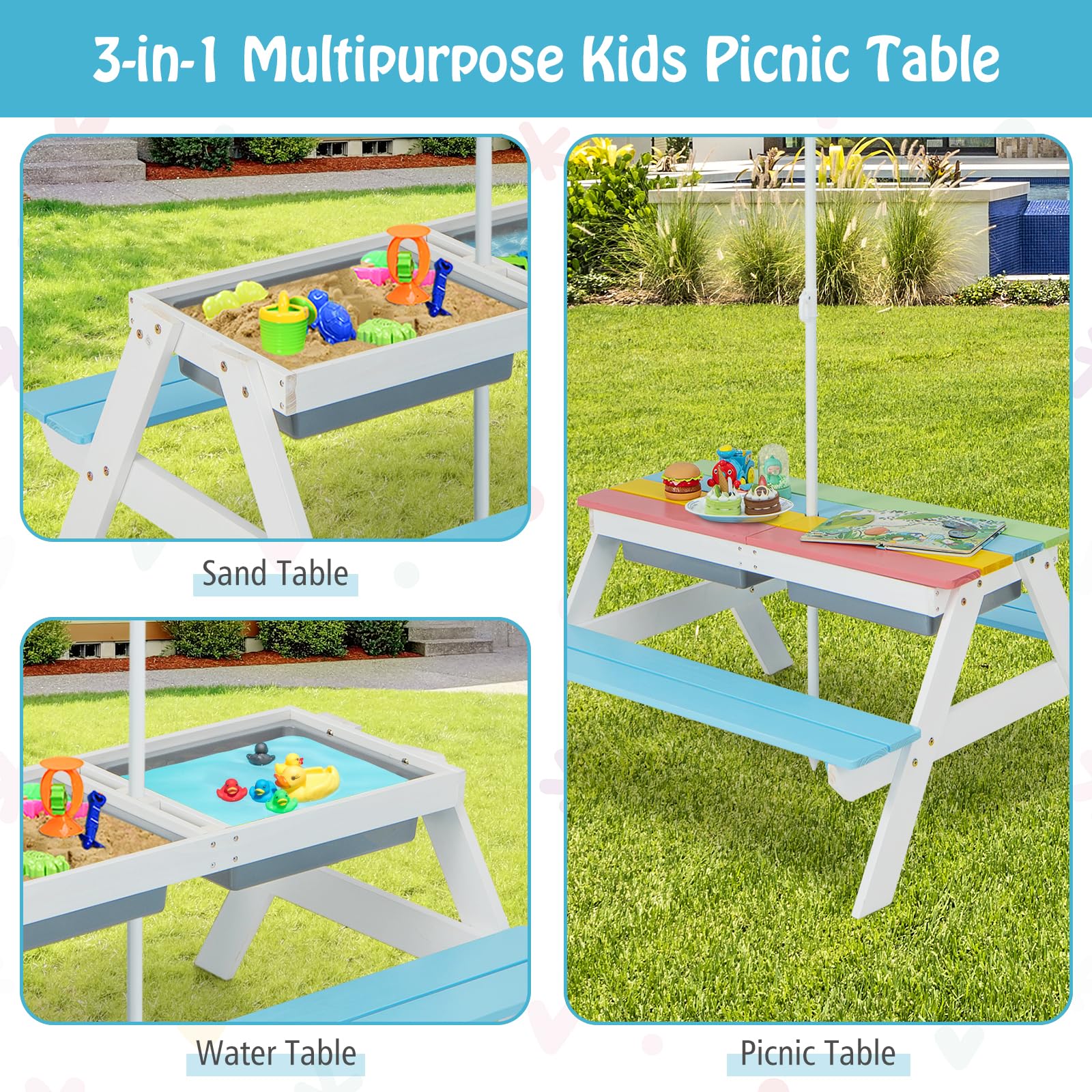 FIREFLOWERY Kids Picnic Table, 3-in-1 Toddler Picnic Table with Height Adjustable Umbrella, Kids Outdoor Table with Detachable Tabletop & Remove Play Boxes, Water Table for Garden, Yard (Blue)