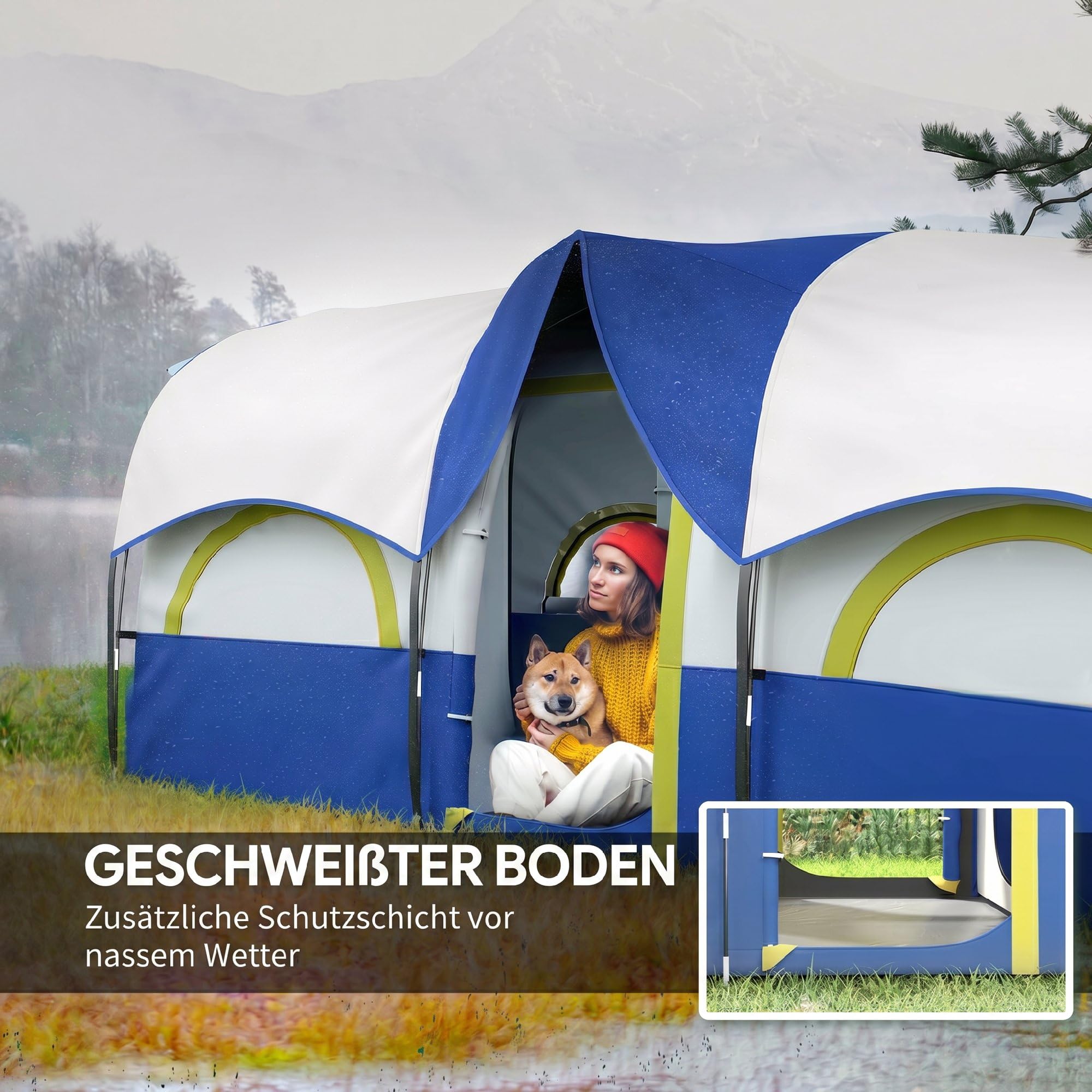 Outsunny Tunnelzelt, Campingzelt für 4 Personen mit 3 Raum, UV Schutz, Meshfenster, Winddichte Familienzelt mit Tragetasche, 3000mm Wasserabweisend groß Gruppenzelt für Garten, Camping, Blau
