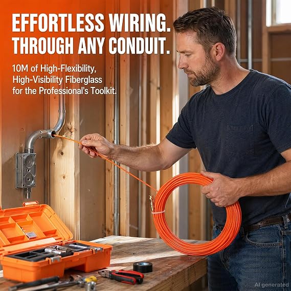 Fish Tape 10m Cable Puller,Wire Pulling Tool with 4.0mm,Wire Puller with 2 Cables Tie, Durable and Smooth Cable Fishing Tool for Electricians