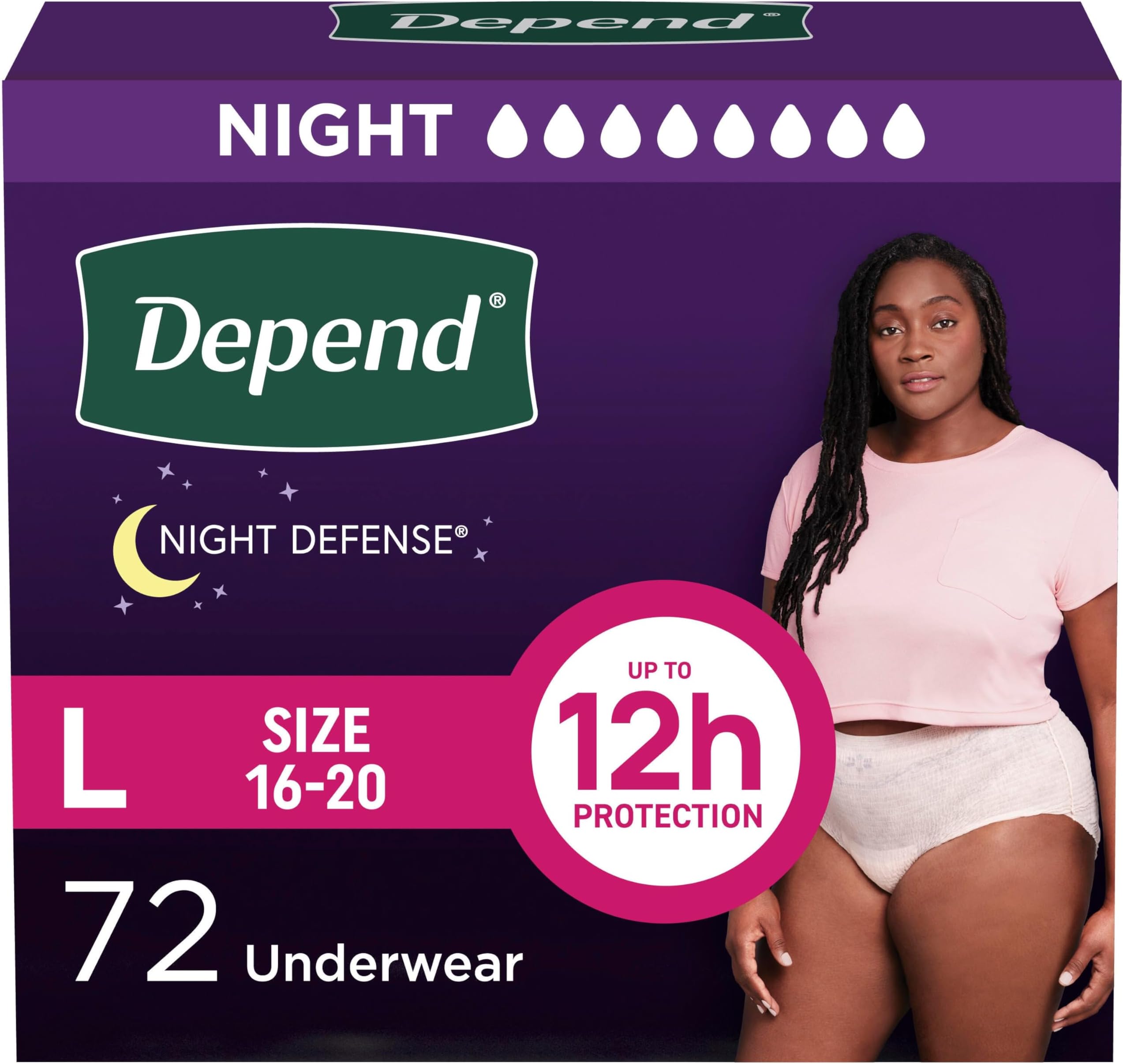 Depend Night Defense Adult Diapers, Incontinence & Postpartum Bladder Leak Underwear for Women, Disposable, Overnight, Large, Blush, 72 Count, Packaging May Vary