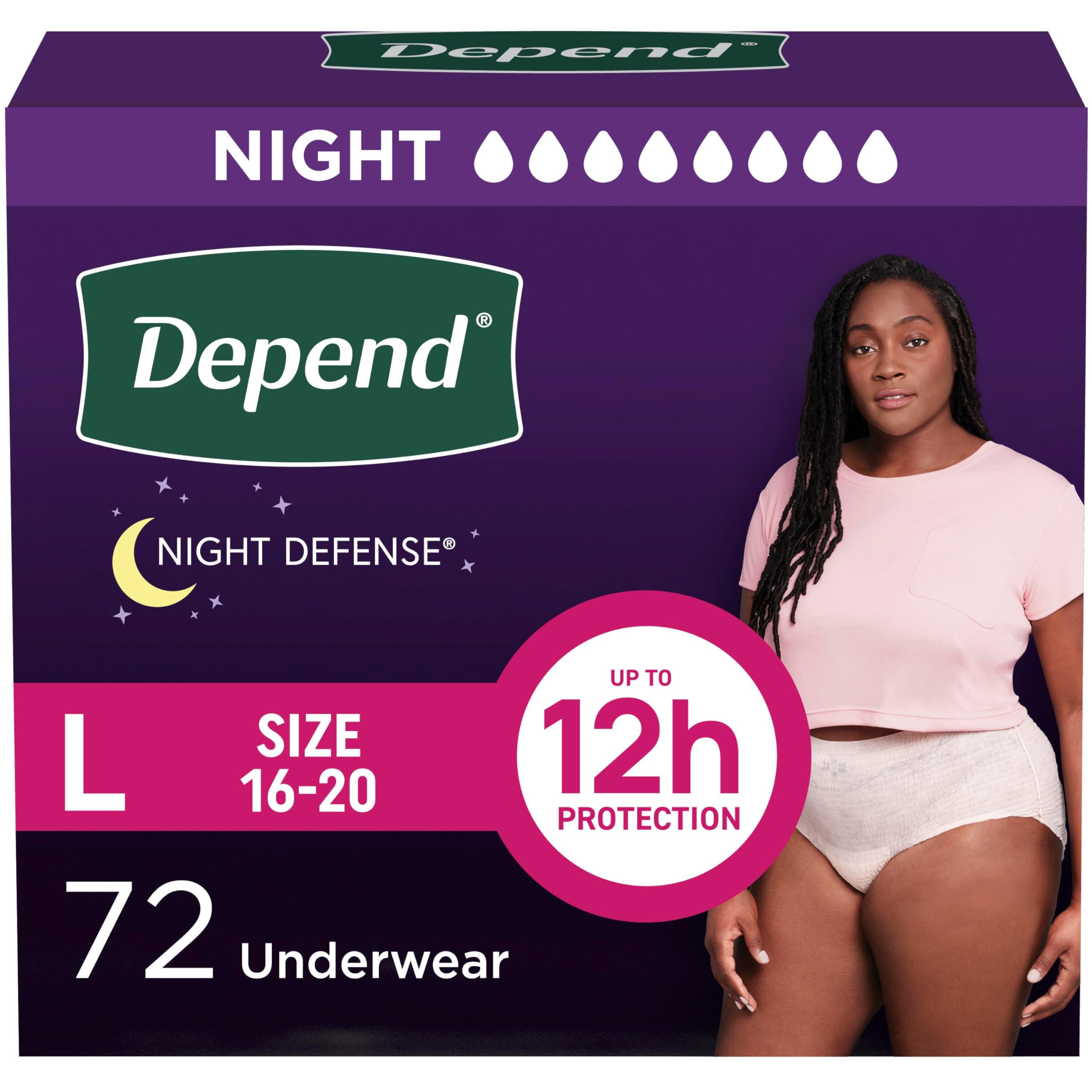 Depend Night Defense Adult Diapers, Incontinence & Postpartum Bladder Leak Underwear for Women, Disposable, Overnight, Large, Blush, 72 Count, Packaging May Vary