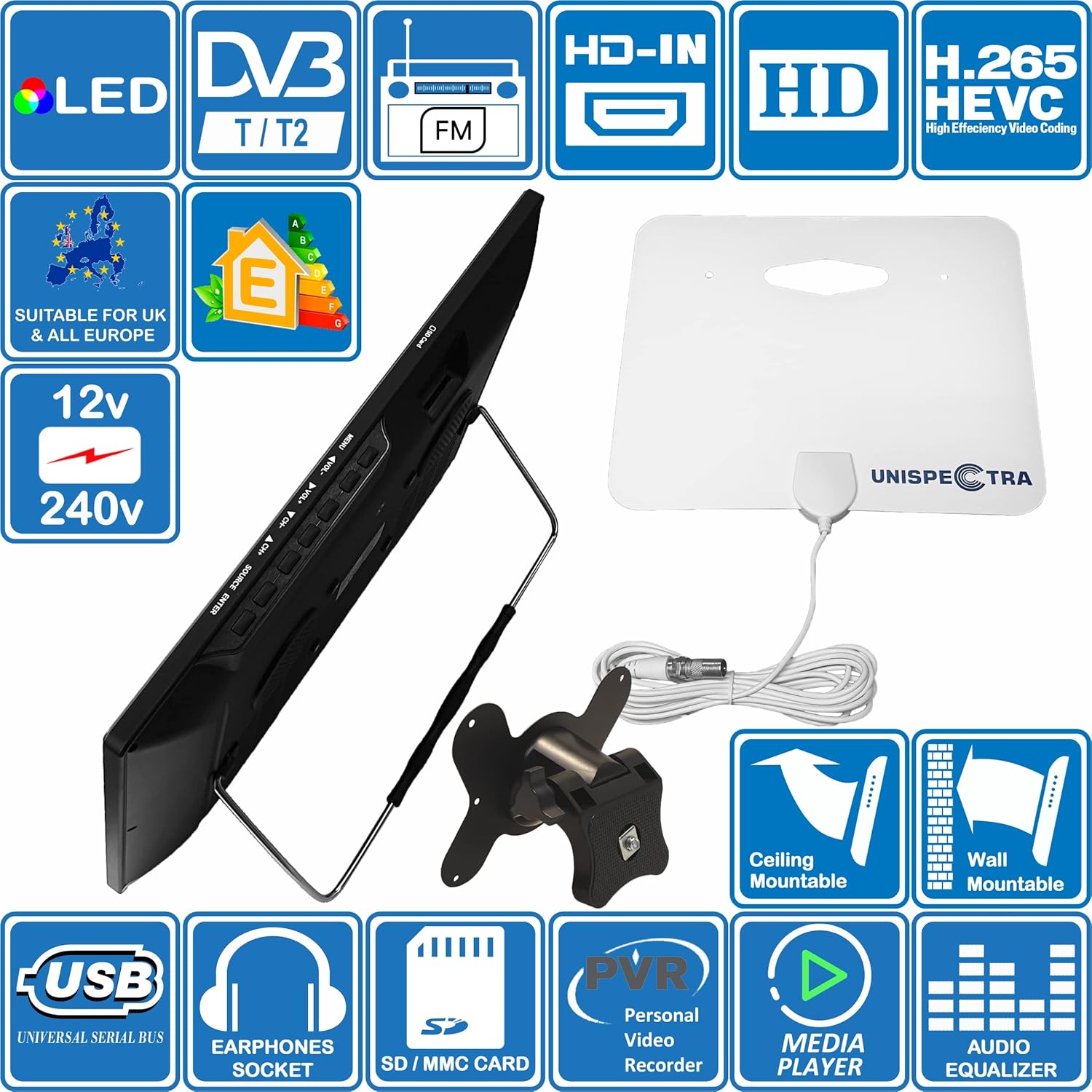 Unispectra 16" TV 12V - 240V HD LED Digital DVB-T/T2 (Freeview) TV, FM Tuner, USB PVR & Media Player, HDMI, 3.5mm AV In/Out. Ideal for Home, MotorHome, Boat, Caravan, Camping or Truck 6 81fWZXqpFjL. AC SL1500
