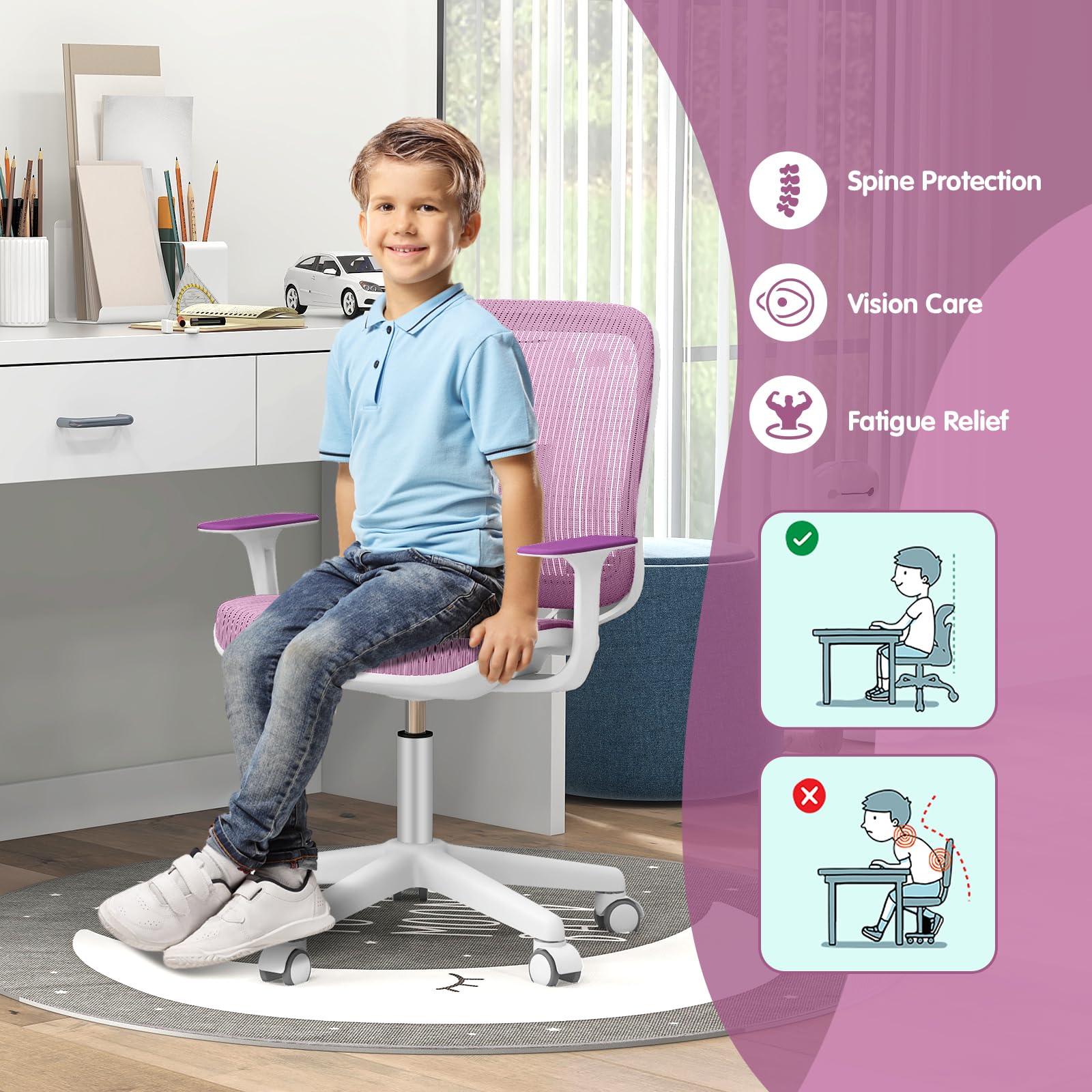 LIFEZEAL Sedia da Scrivania Imbottita per Bambini, Poltrona Girevole per Ragazzi, Ergonomico, Altezza Regolabile da 80 a 92cm, Braccioli e Schienale per Studiare in Cameretta e Scuola, Max75kg (viola)