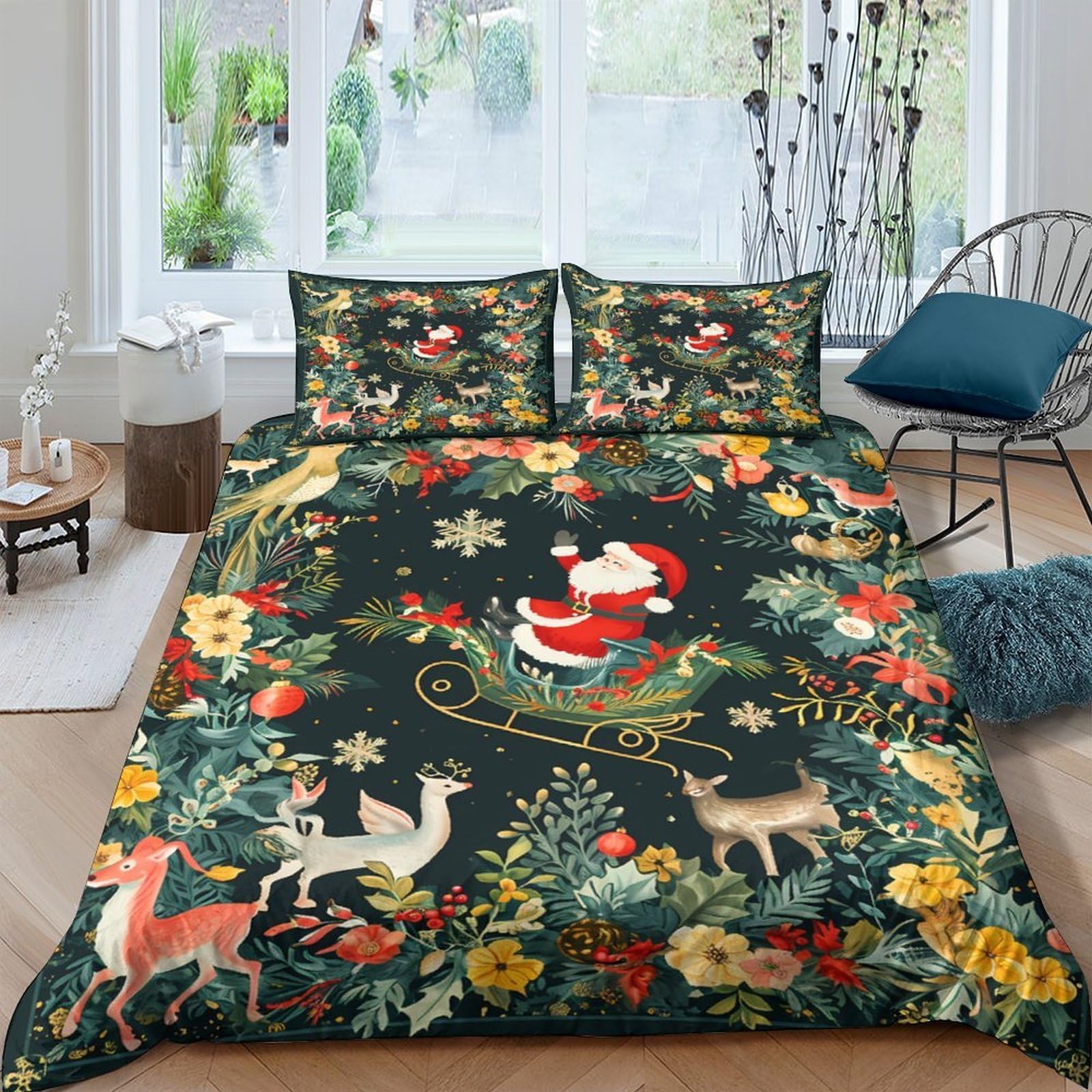 Ctjqhvkz Style-6 3D Printed Christmas Santa Fitted Sheet Microfiber Floral Deer Bed Cover For Bedroom Guest Room Decor Machine Washable Single（135X200cm）