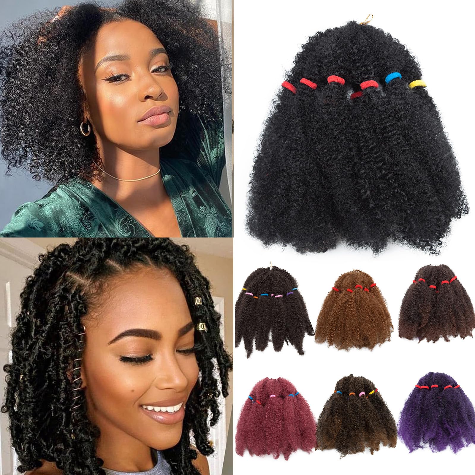6 Paquetes de Cabello de Ganchillo Rizado Crochet Trenzado de Cabello Kinky Afro Kinky Twists Extensiones de Cabello Negro oscuro