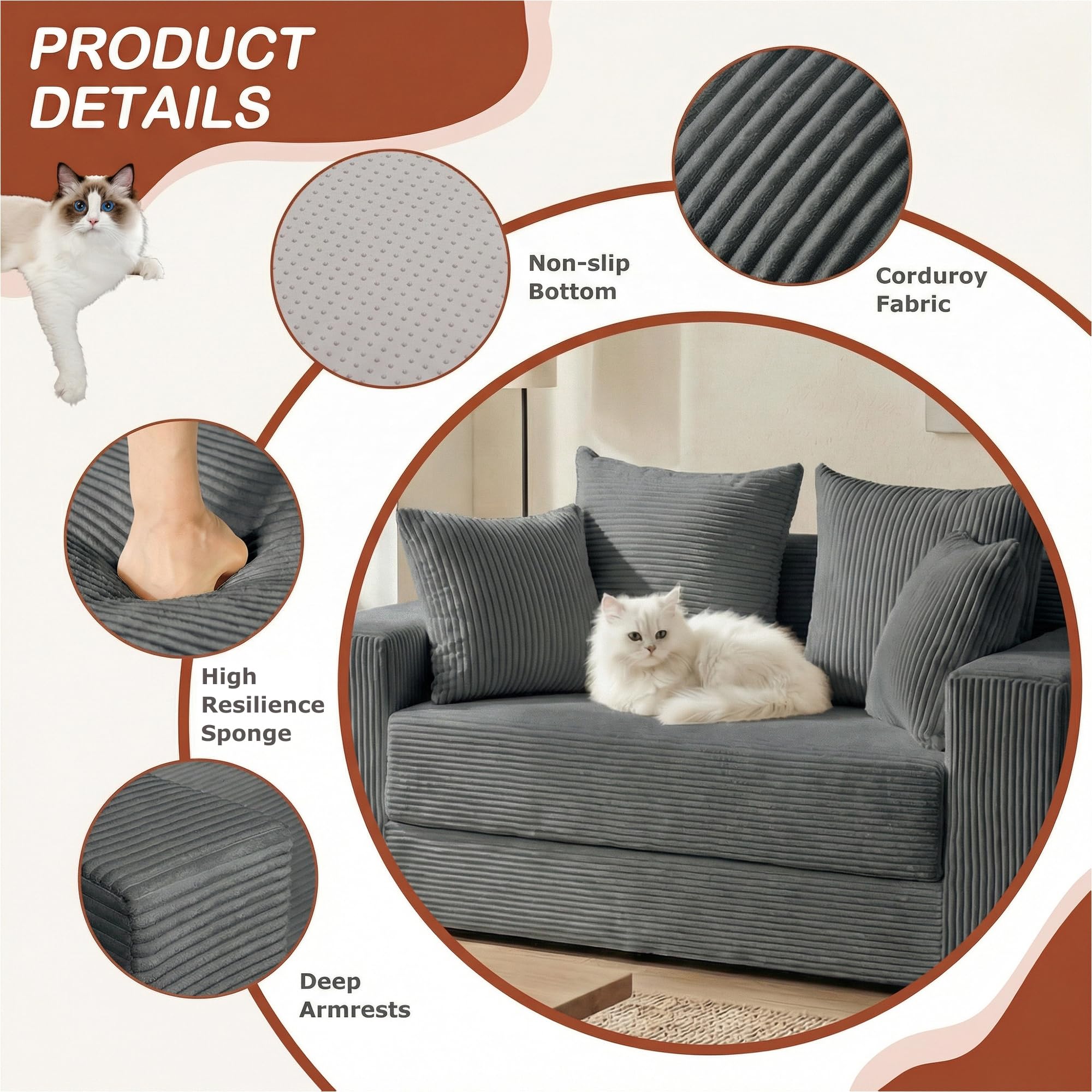 56" Boneless Couch, 5-in-1 Boneless Loveseat Sleeper Sofa Bed, Mini Convertible Pull Out Corduroy Futon Couch with Side Pockets & Handle, Folding Floor Sofa Bed with 4 Pillows for Small Space