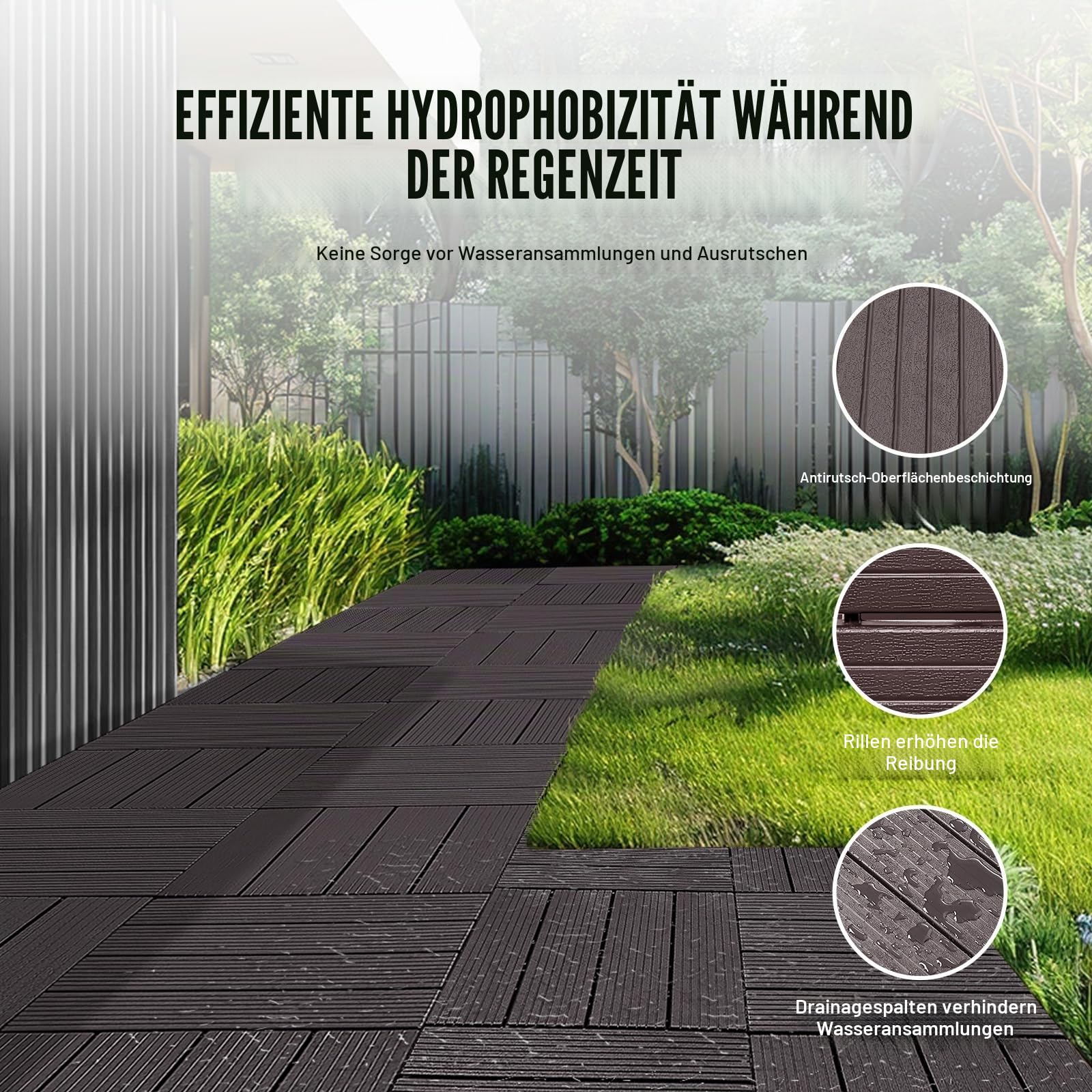 VEVOR Terrassenfliesen, 54er-Set, Balkonfliesen 30x30cm, Klickfliesen, wasserdichter Kunststoff-Bodenbelag für den Außenbereich, Terrassenbodenbelag für Veranda, Pool, Balkon, Hinterhof, Dunkelbraun