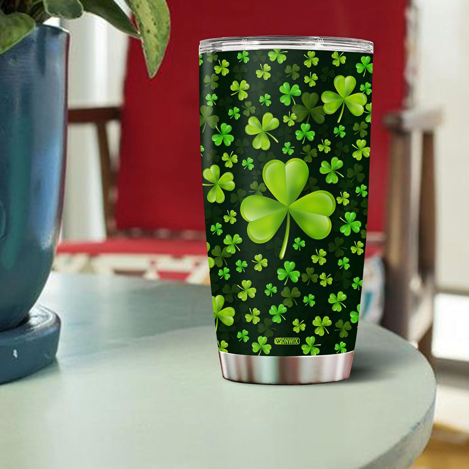 Personalized Green Irish Shamrocks Tumbler For Women with Lid Insulated 20 oz Stainless Steel Water Bottle Coffee Cup Travel Mug Gift For Mom Daughter Wife Girls