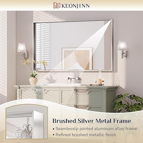 Miniatura 322 de Keonjinn Espejo de baño dorado de 48 x 36 pulgadas, espejo rectangular con marco de metal dorado cepillado, espejo de pared grande rectangular