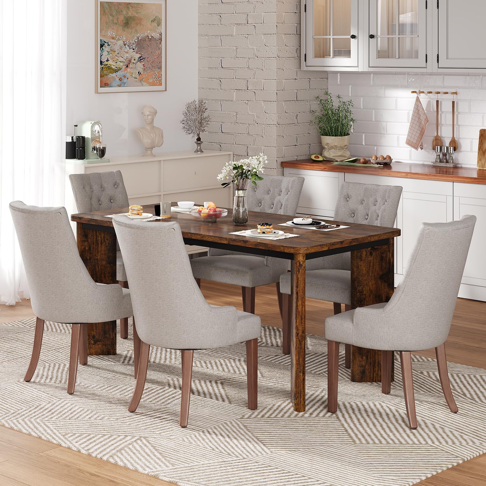 MALOL 7-Piece Rectangular Dining Table Set for 6, 63" Industrial Kitchen Table with 6 Tufted Parsons Dinner Chairs for Dining Room, Kitchen, Living Room, Brown+Light Grey