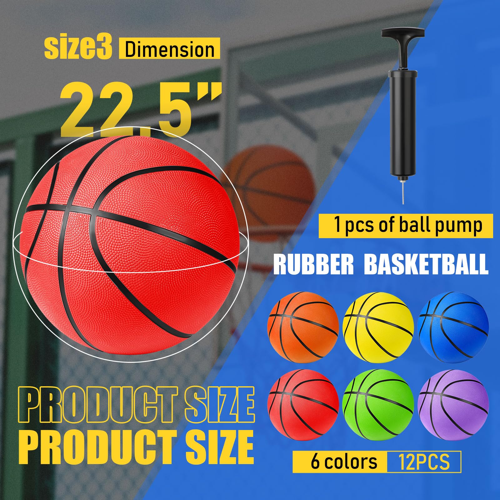 Jerify Confezione da 12 palline da basket in gomma, per interni ed esterni, dimensioni ufficiali, in 6 diversi colori, con pompa, per bambini, ragazzi, ragazze, per attività all'aperto e per allenarsi