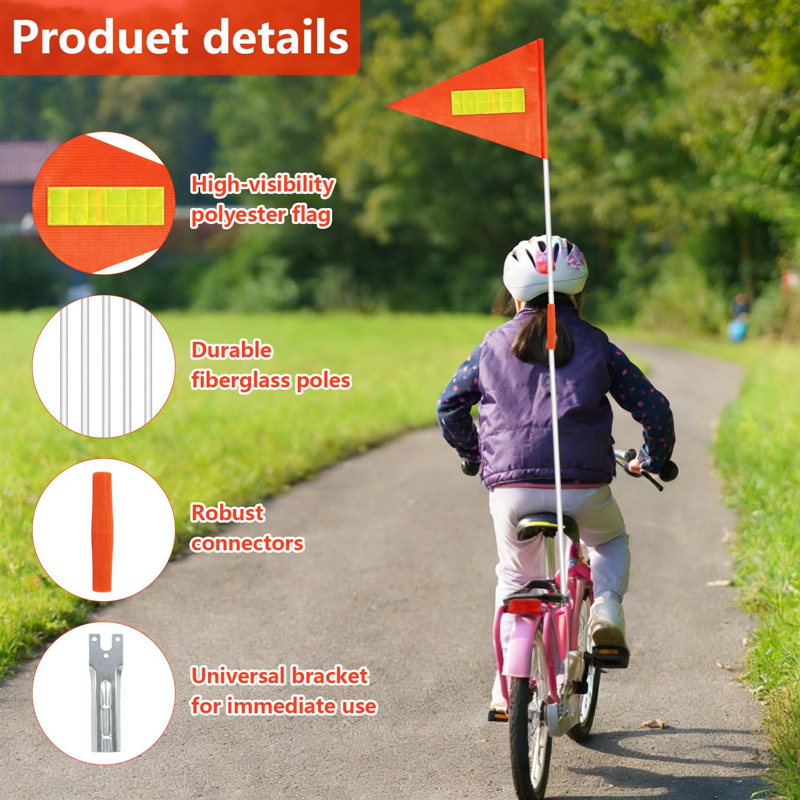 13 Pcs Drapeau de Vélo avec Tige pour la Sécurité, Fanions pour Remorque de Vélo, Fanion de Sécurité Réglable, anneau d'avertissement, Accessoires inclus
