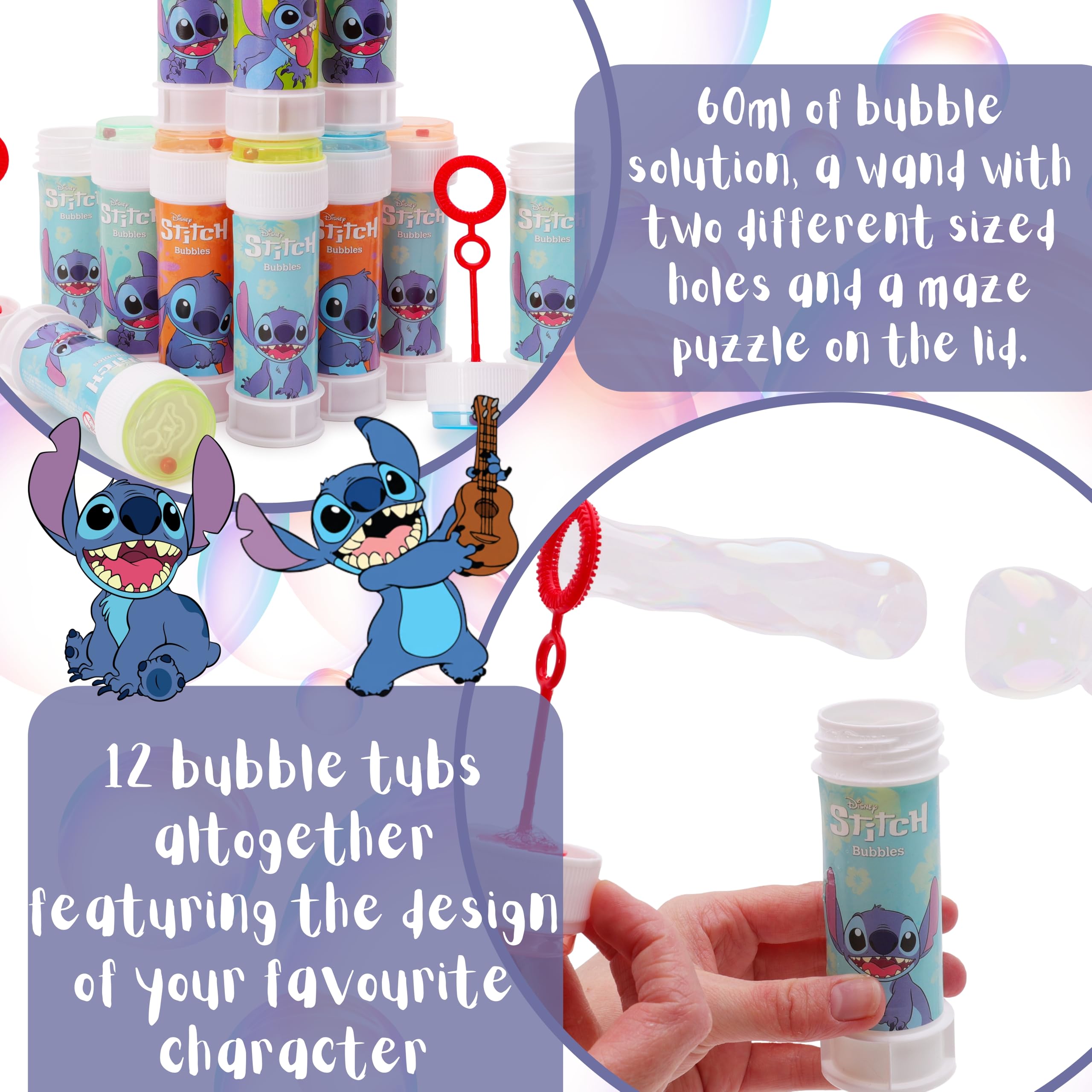 Toyland® Pack of 12 Stitch Bubbles With Wands, 60ml Solution & Novelty Maze Lid - Pocket Money & Party Bag Toys - Image 3