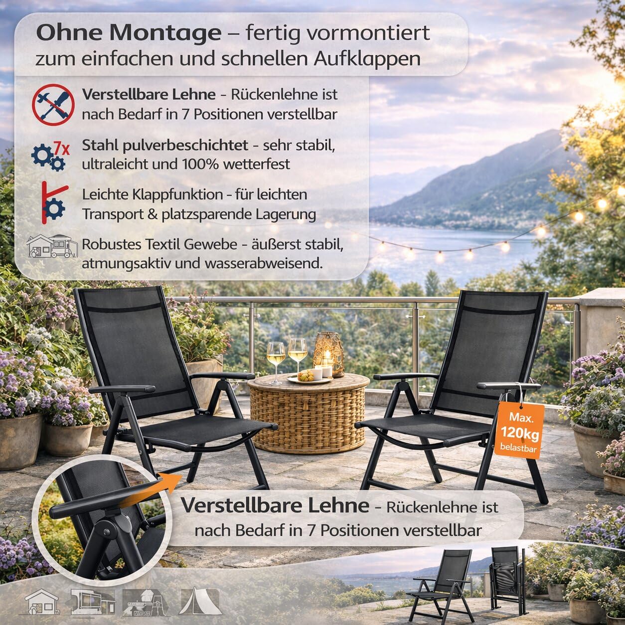 BigDean 4 Gartenstühle Hochlehner klappbar bis 120kg belastbar grau schwarz | 7-fach verstellbarer Balkonstuhl für Garten Terrasse & Camping - Klappstuhl Balkon Gartenstühle