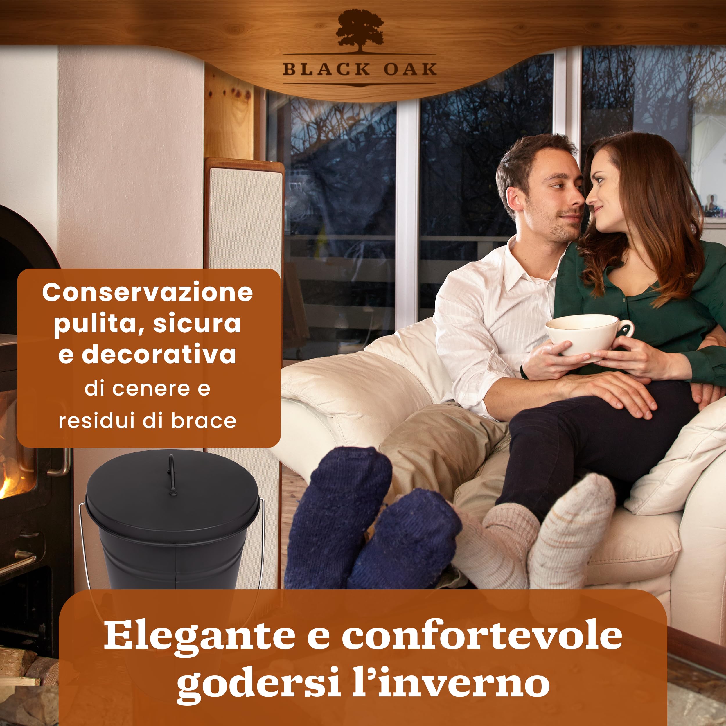 BLACK OAK Etna - Secchio per cenere, 14 l, set di paletta e scopa, colore nero, rotondo, con coperchio, grande, 14 litri, in acciaio zincato a prova di fuoco, verniciato a polvere, per cenere e