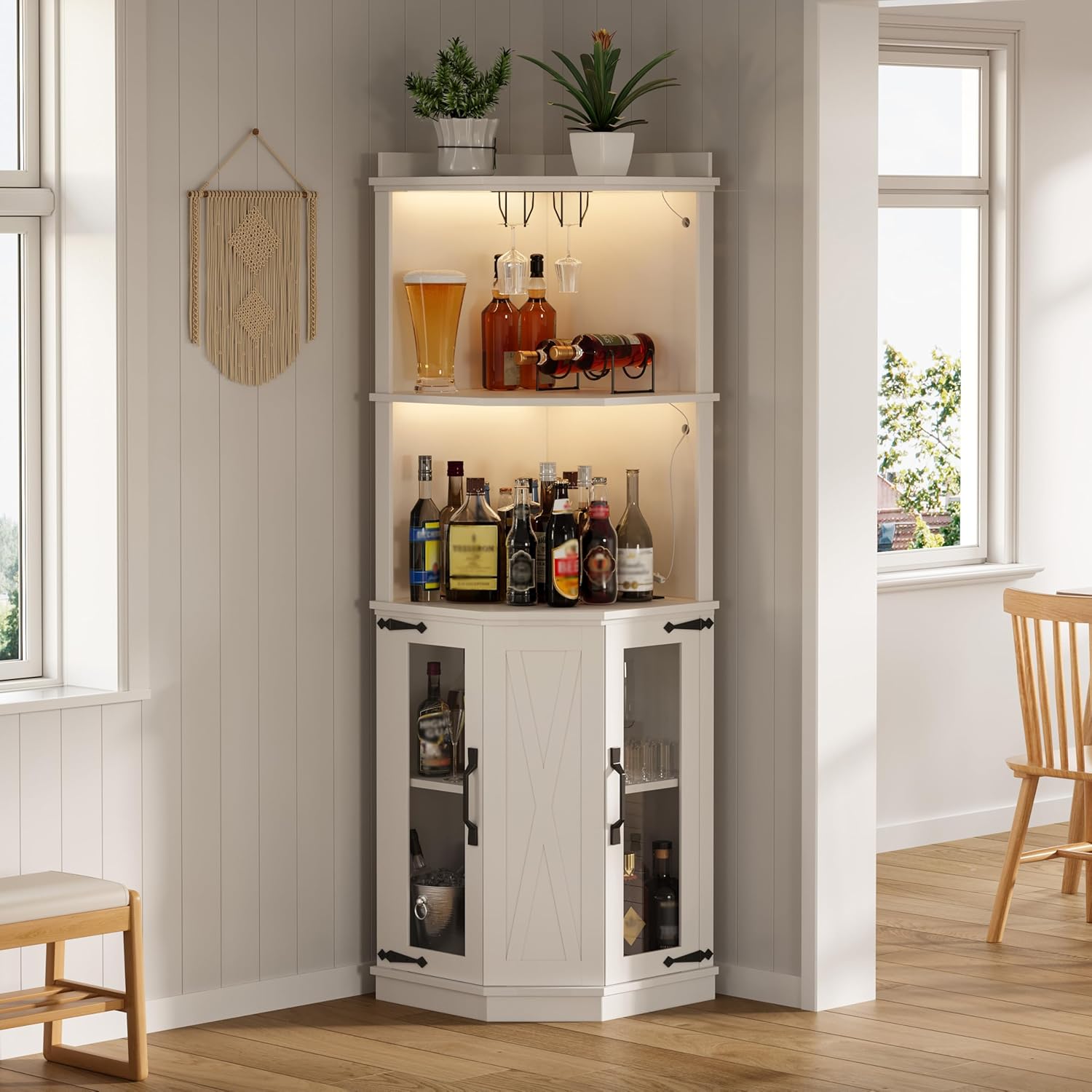 67.3" Corner Bar Cabinet with Power Outlet, Wine Cabinet with Adjustable Shelves,Lights & Glass Rack for Home,Dining Room, Living Room, Kitchen (White-Power)
