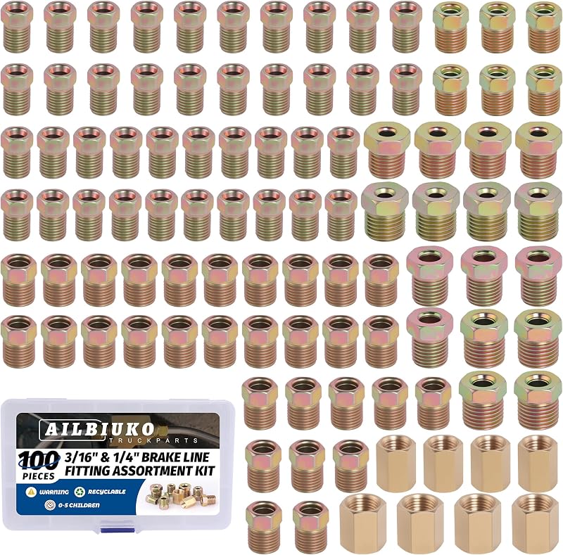 Kit de conexões para tubulação de freio Ailbiuko 3/16" e 1/4" com porcas e uniões – 100 peças