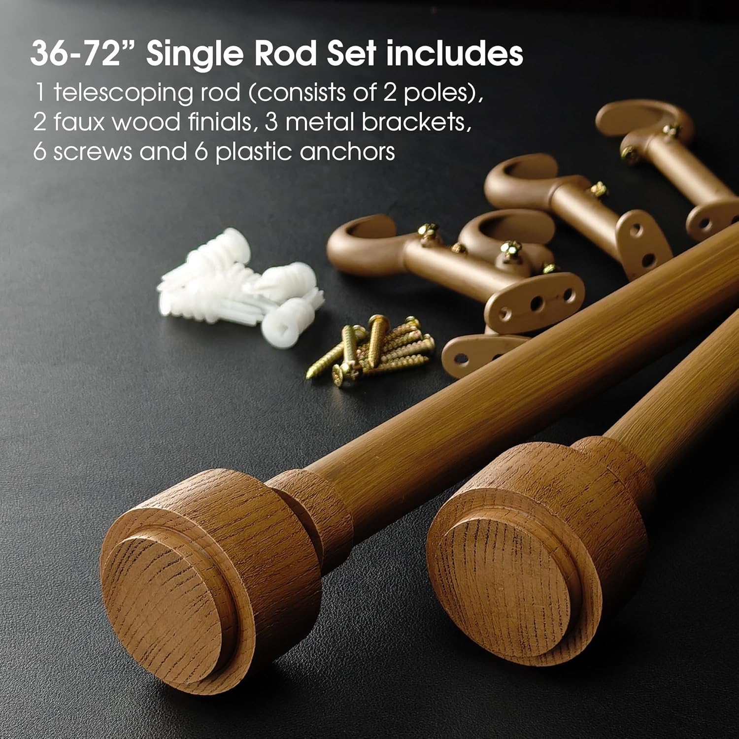 1-1/8 Inch Diameter Faux Wood Curtain Rod with Wood Grain Finials, 36-72 inch Telescoping Single Curtain Rods for window width 24-68 inch, 1 pack