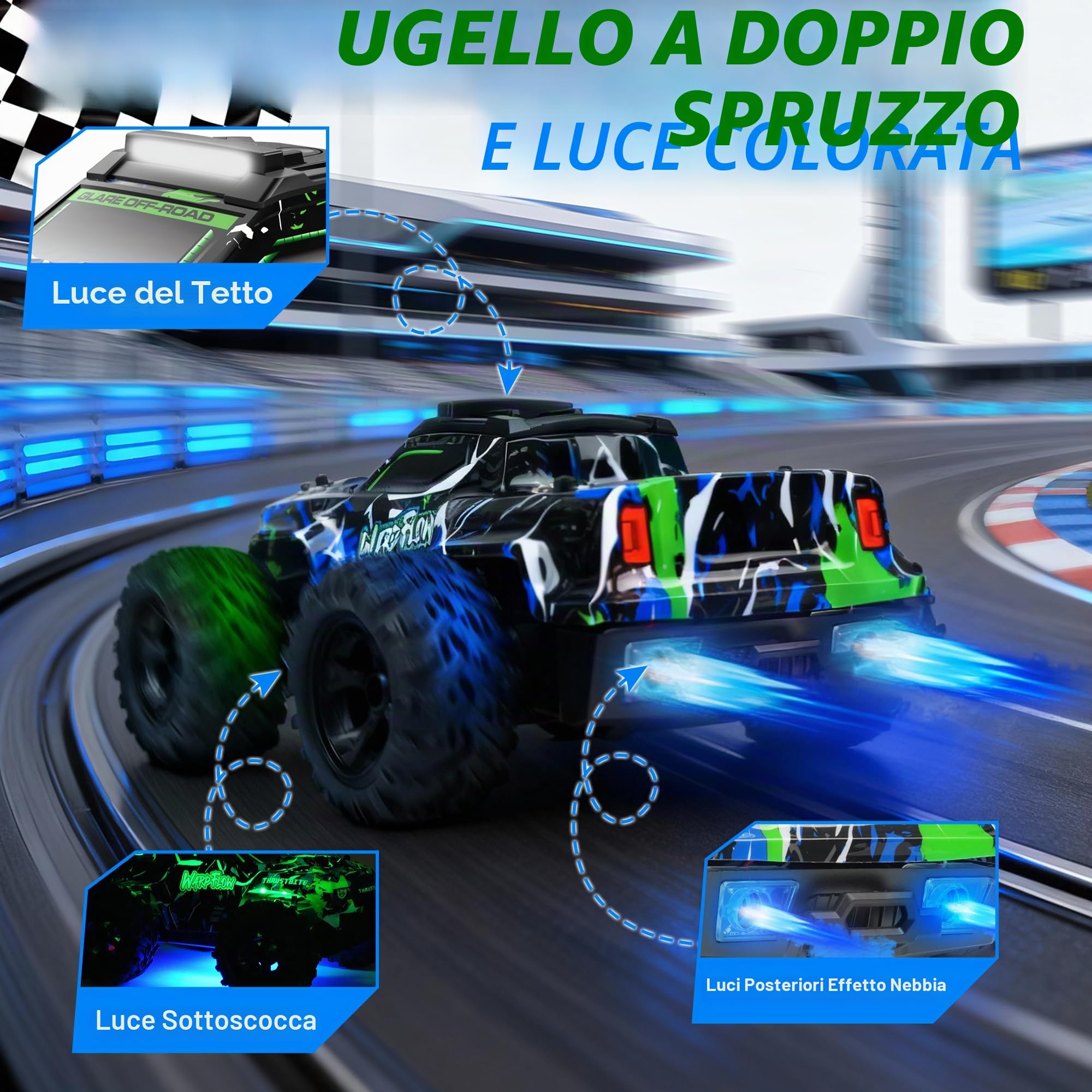 BAZADER Macchina Telecomandata Auto Telecomandate - 1:18 LED Light 25KMH Macchina Radiocomandata per Bambini con Spray 2.4GHz AllTerrain Off-Road 2 Batterie 60 Minuti Giocattolo da Corsa Veloce