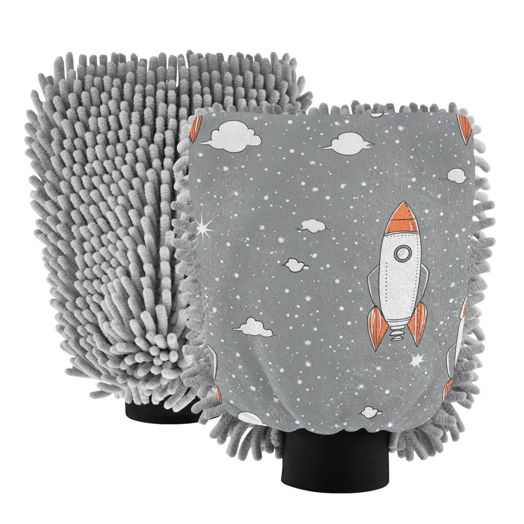 Space Rockets Gray Wash Mitt Microfiber 2 Pack Gloves for Cars Washing Scratch-Free Clean Safe Mitt for Wash Drying
