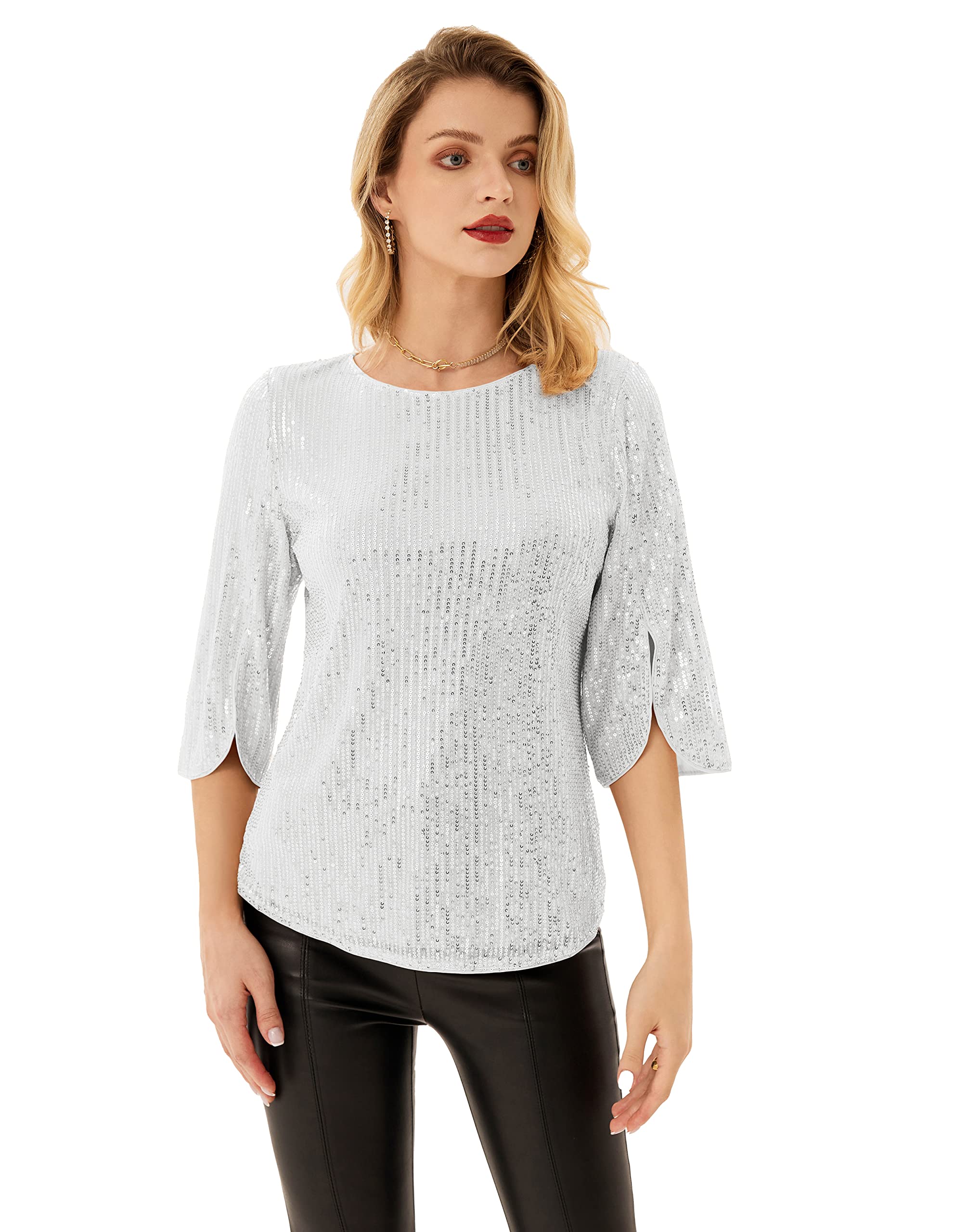 GRACE KARIN Camicia Donna Paillettes a Manica a 3/4 Top Elegante Girocollo Manicotto Split