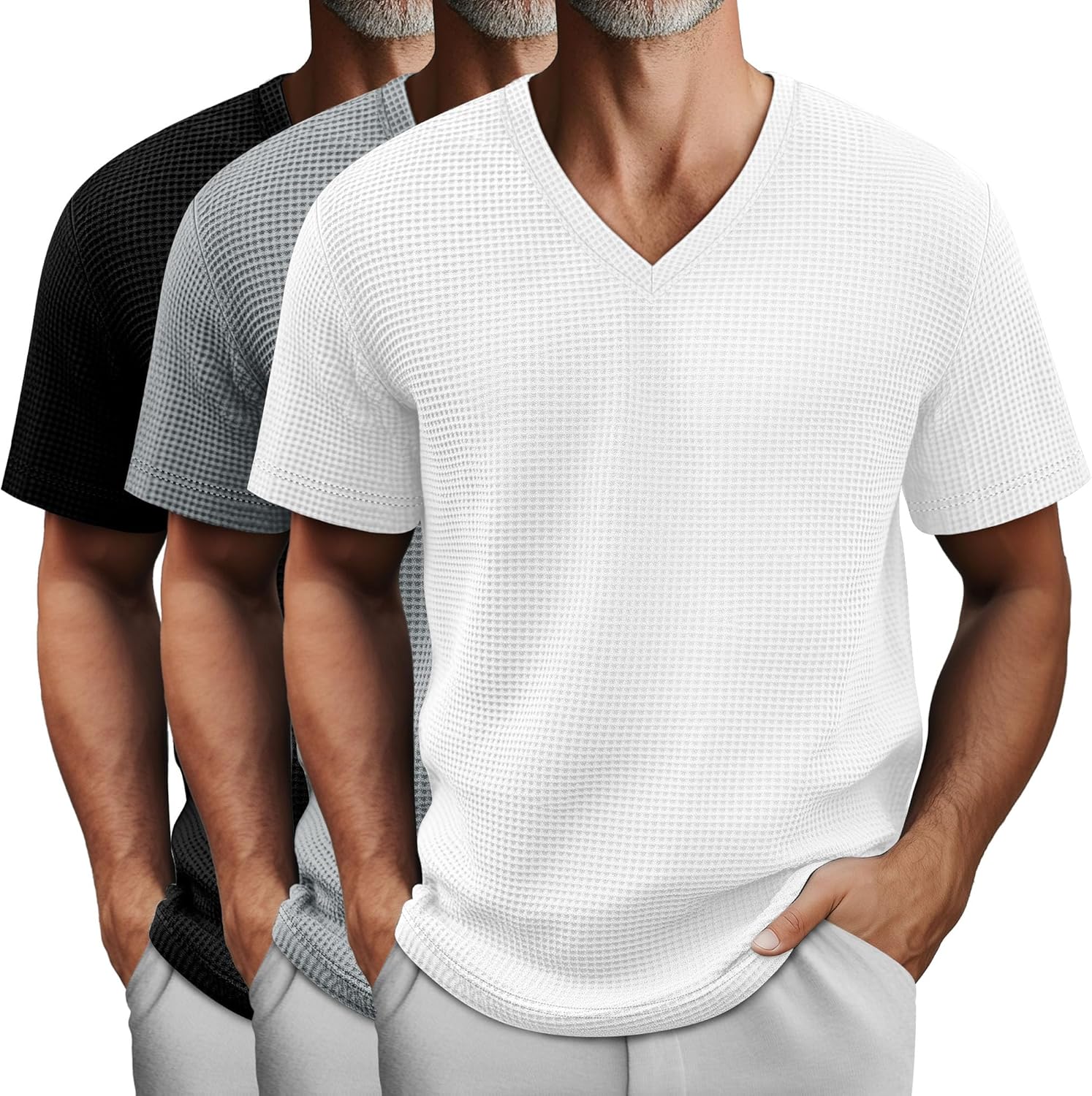 3 Pack Men's Waffle T Shirts, V Neck Moisture Wicking Pullover Tee Shirts Short Sleeve Lightweight Knitted Tops