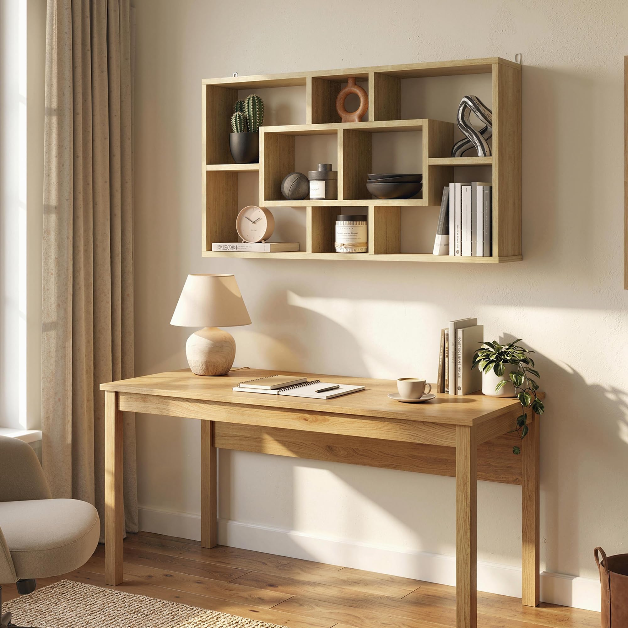 HOMCOM Estante de Pared Decorativo, Estantería para Libro, CDs, Baldas Flotantes con 8 Cubos, 85x14,5x47,5 cm, Carga 20kg, para Oficina, Estudio, Salón, Roble