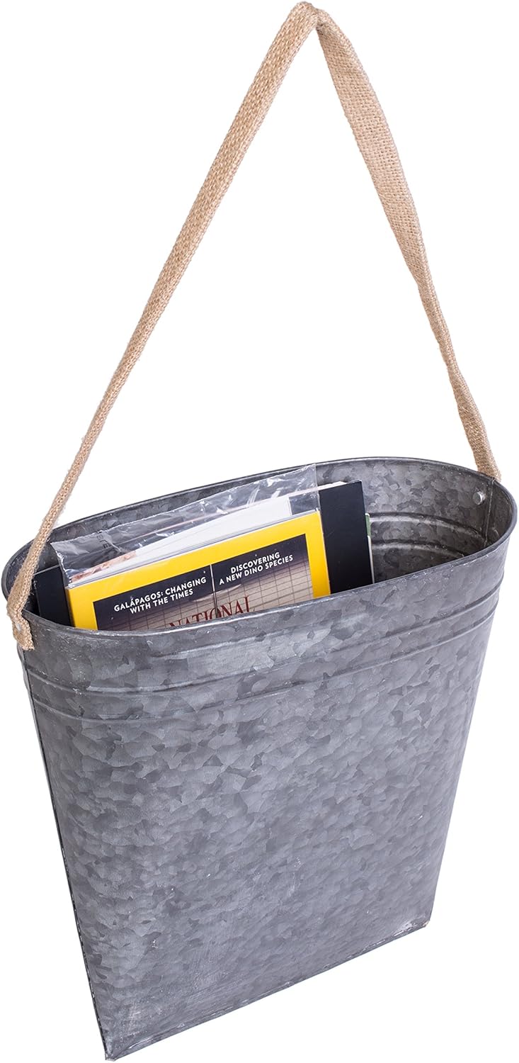 Farmhouse Galvanized Metal Hanging Bucket on Jute Rope