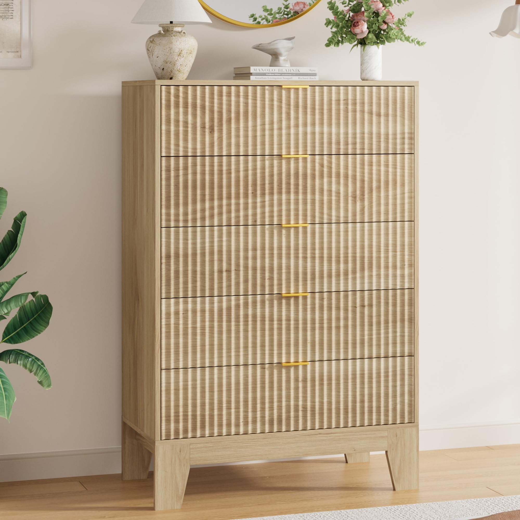 Garvee 5 Drawer Dresser for Bedroom, 47" Tall Fluted Chest of Drawers, Oak