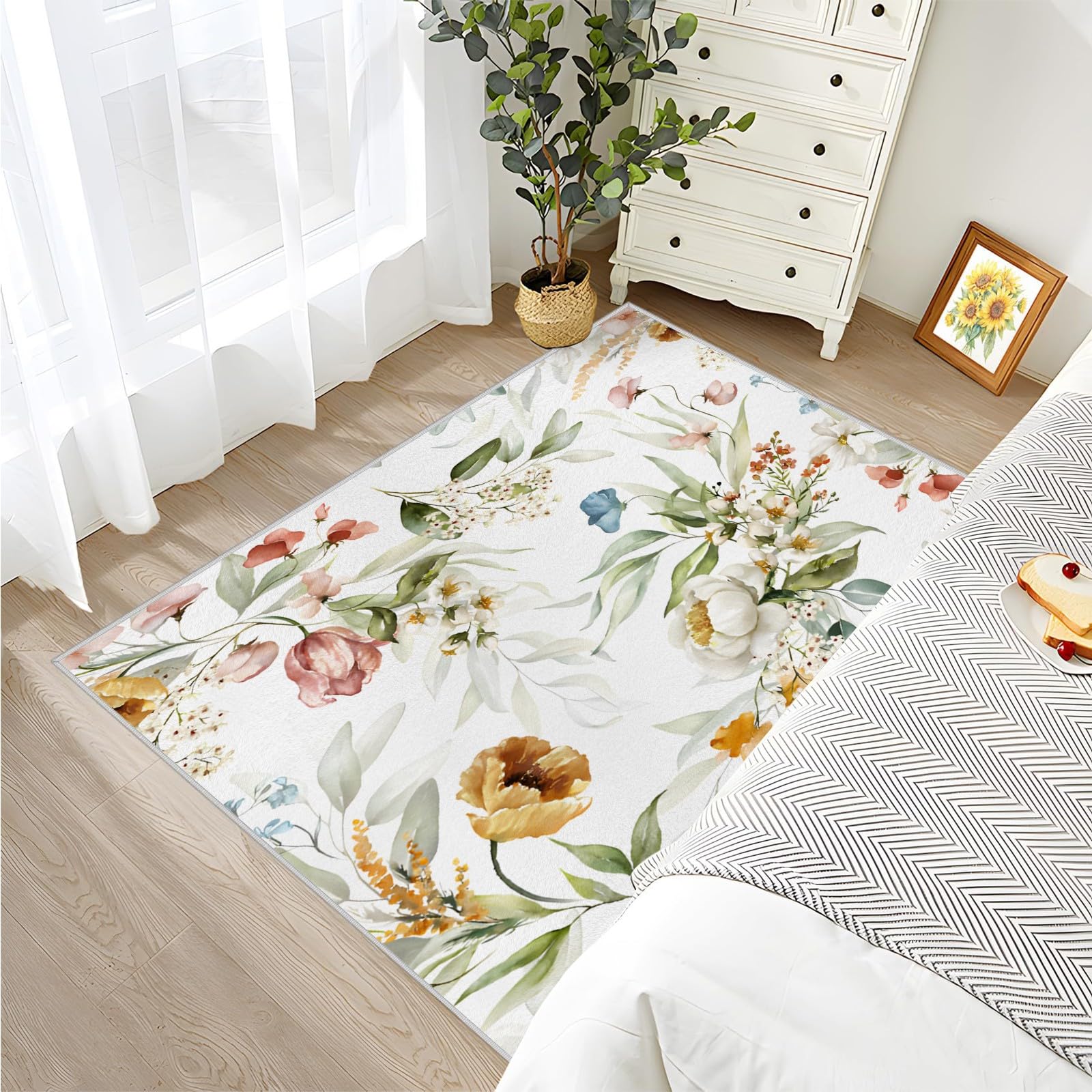 Waschbarer Kurzflor Teppich 120x160 cm – Weich & rutschfest, Mehrfarbige Wildblumen Teppich NatüRlich Wohnzimmerteppiche Modern QJ-116