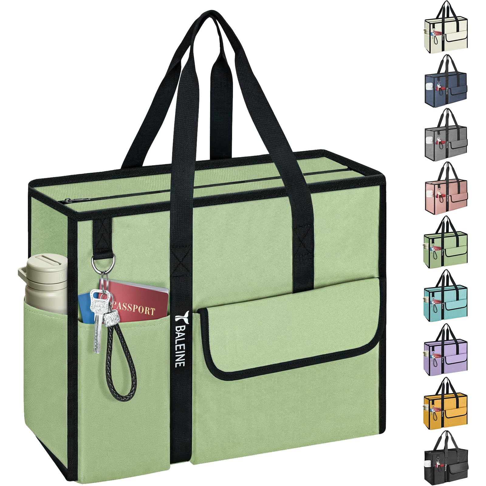 BALEINE Large Utility Tote Bag with Reinforced Bottom, Multi Pockets Foldable Tote Bag for Nurse, Travel, Work