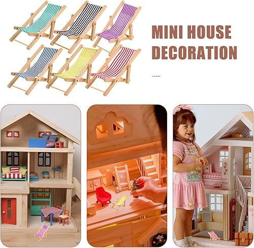 Miniatura 3 de 6 piezas s Mini sillas plegables de madera para tomar el sol de playa Mini Longue Sillas de cubierta Accesorios Casa de Muñecas Mini Decoración de