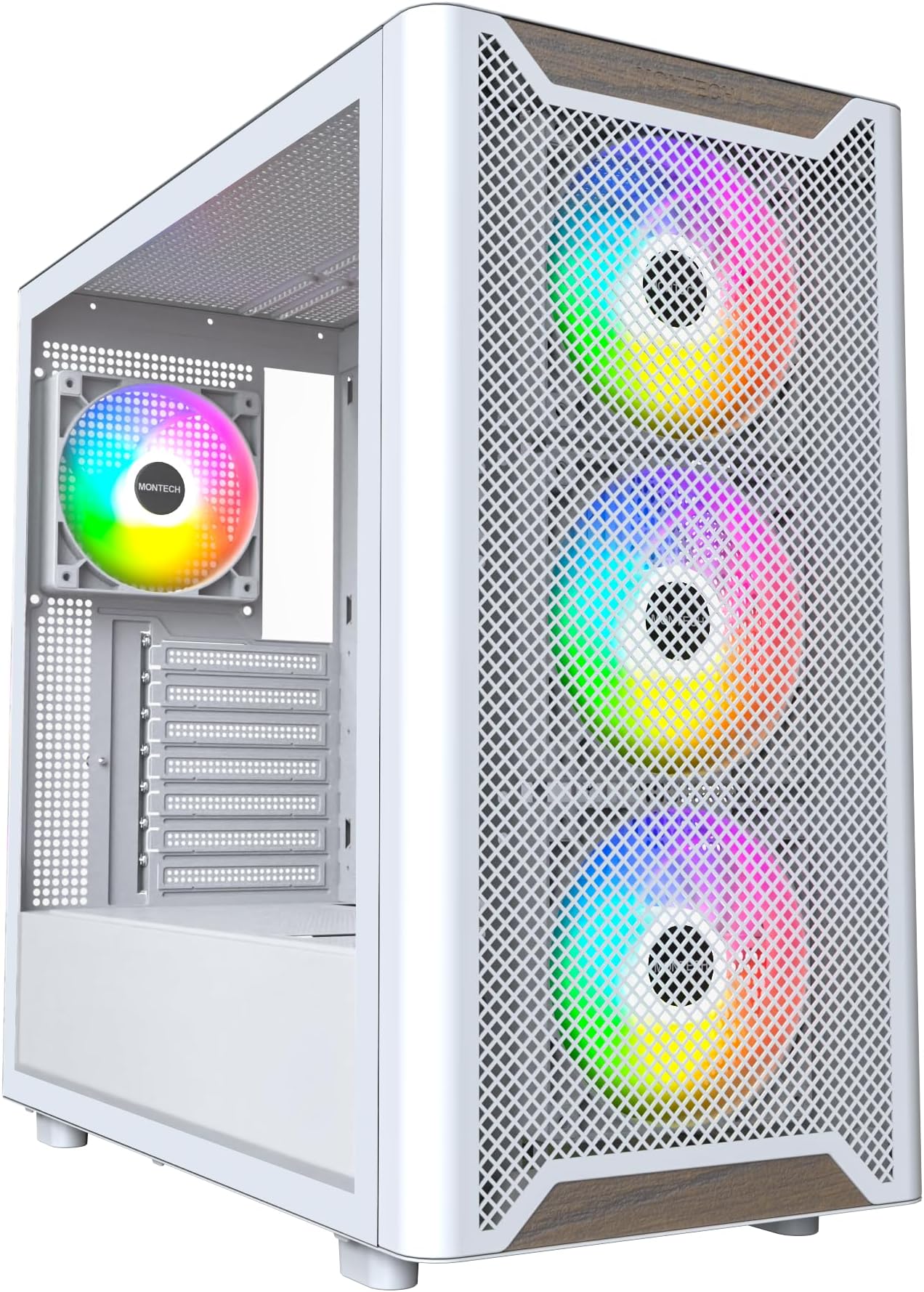 MONTECH XR Wood,Genuine Black Walnut Front, ATX Mid-Tower PC Gaming Case, Glass Side Panel, 4 x 120mm GF120 ARGB PWM Fans Pre-Installed, White: image 1 of 8