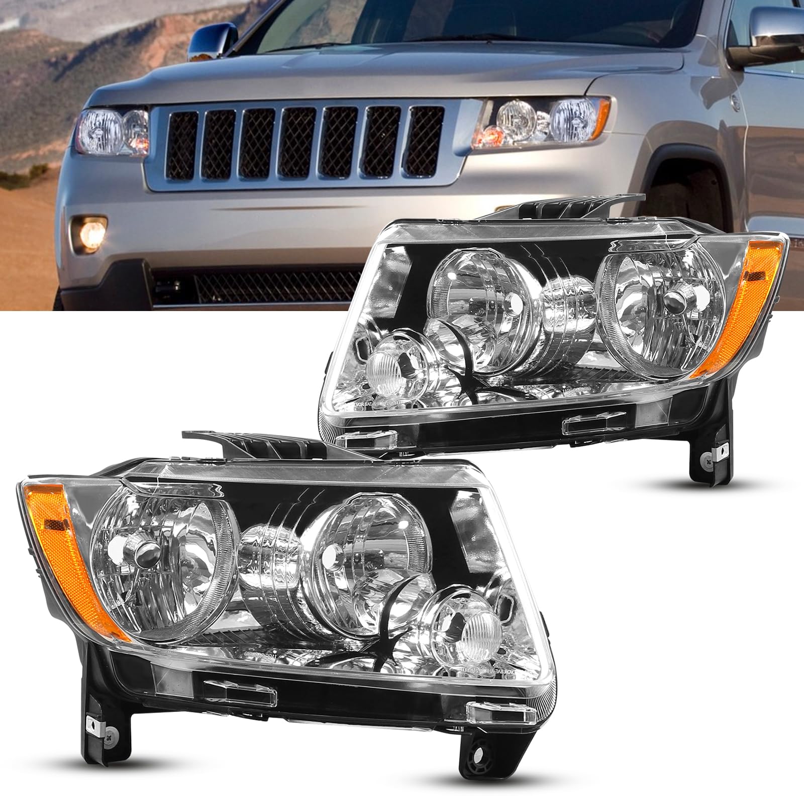 Headlights Compatible with 2011 2012 2013 Jeep Grand Cherokee and 2011-2017 Jeep Compass Direct Replacement Halogen Chrome Headlamps Assembly (Driver and Passenger Side)