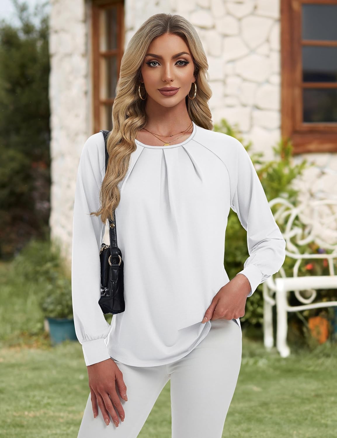 YUCOLEN Long Sleeve Shirts for Women Pleated Dressy Casual Business Blouses Crew Neck Loose Trendy Tunic Tops - Image 2