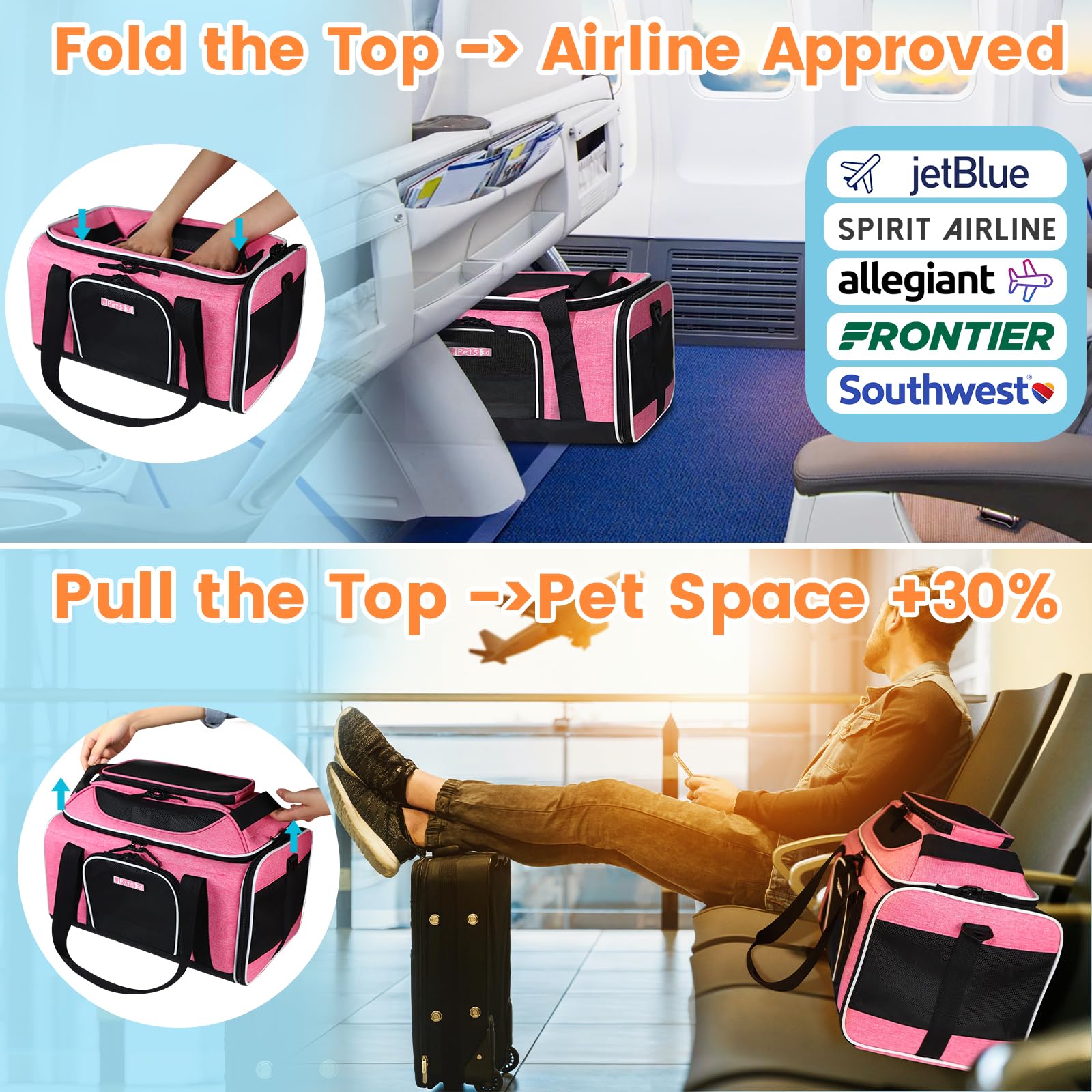Petskd Transportín expandible de 41,18 x 30,48 x 21,59 cm, aprobado por JetBlue, Allegiant y Spirit, blando, para perros y gatos pequeños, con cremalleras de seguridad y malla antiarañazos (rosa)