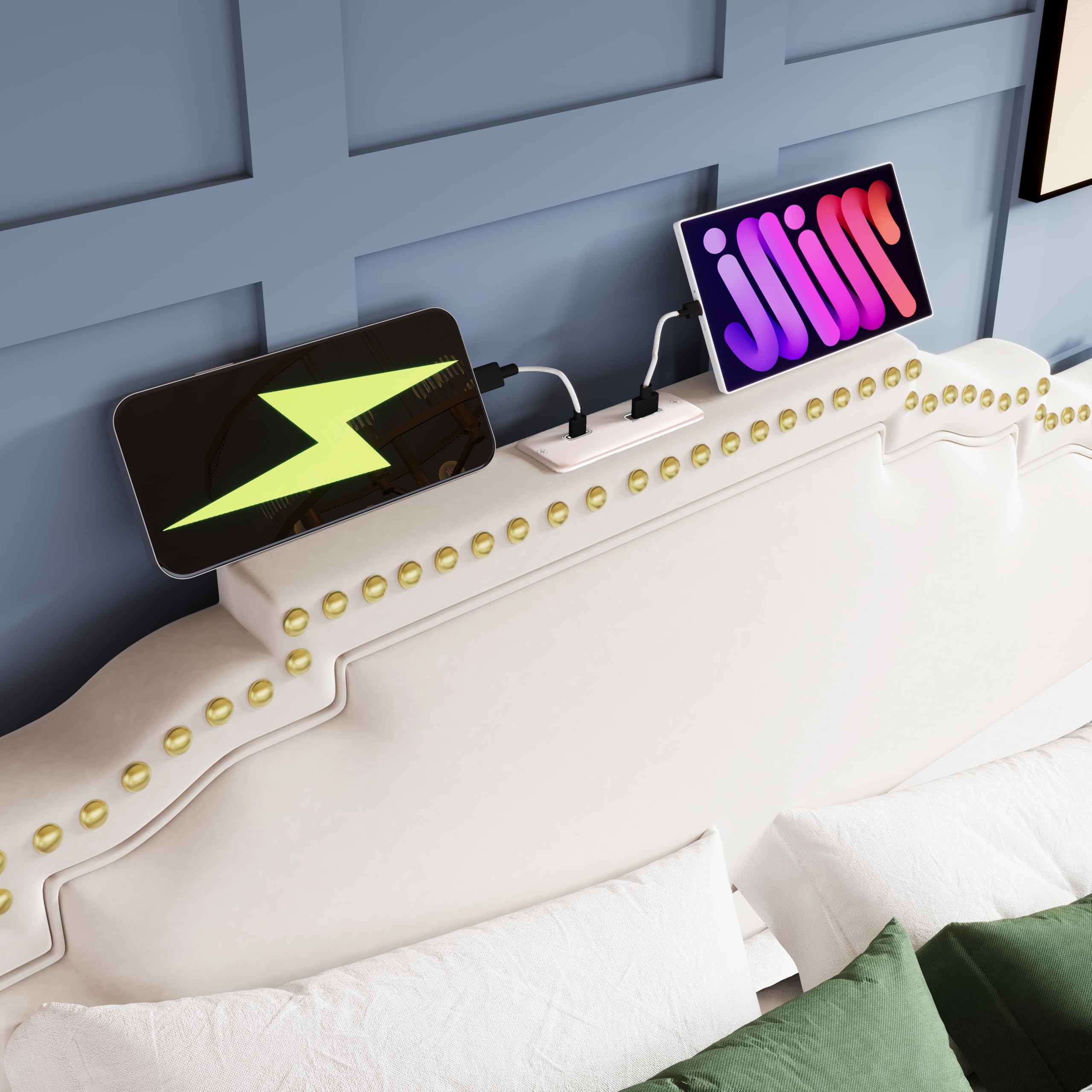 Łóżko tapicerowane 180 x 200 cm, podwójne łóżko z 4 szufladami i oświetleniem LED, przyłącze ładowania USB-C, łóżko do przechowywania ze stelażem, aksamitne beżowe