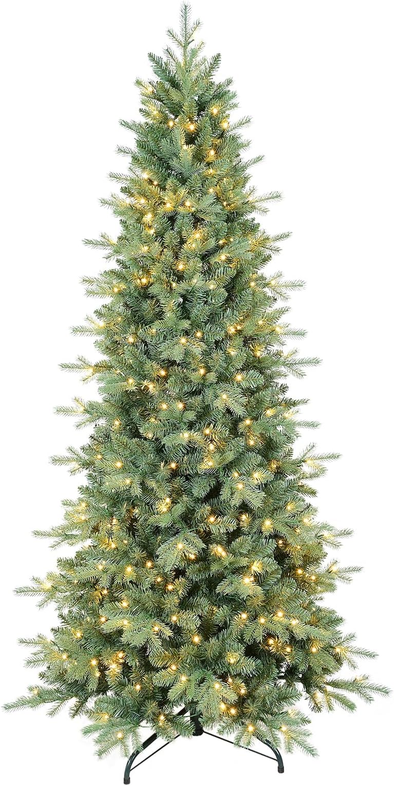 5 FT Prelit Artificial Skinny Christmas Tree,Blue Spruce Slim Pencil Xmas Tree with 926 PE&PVC Mixed Branch Tips and 250 UL Listed Clear Lights,Hinged Pine Tree with Metal Stand for Home Office Décor