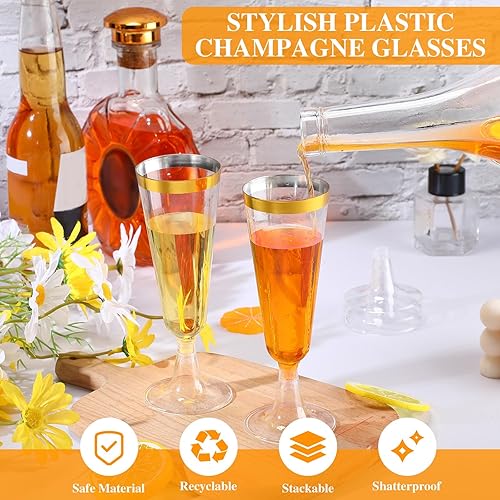 Miniatura 4 de Thenshop 50 copas de champán de plástico de 5.5 onzas, transparentes, desechables, tazas de cóctel con borde dorado, copas desmontables para boda,