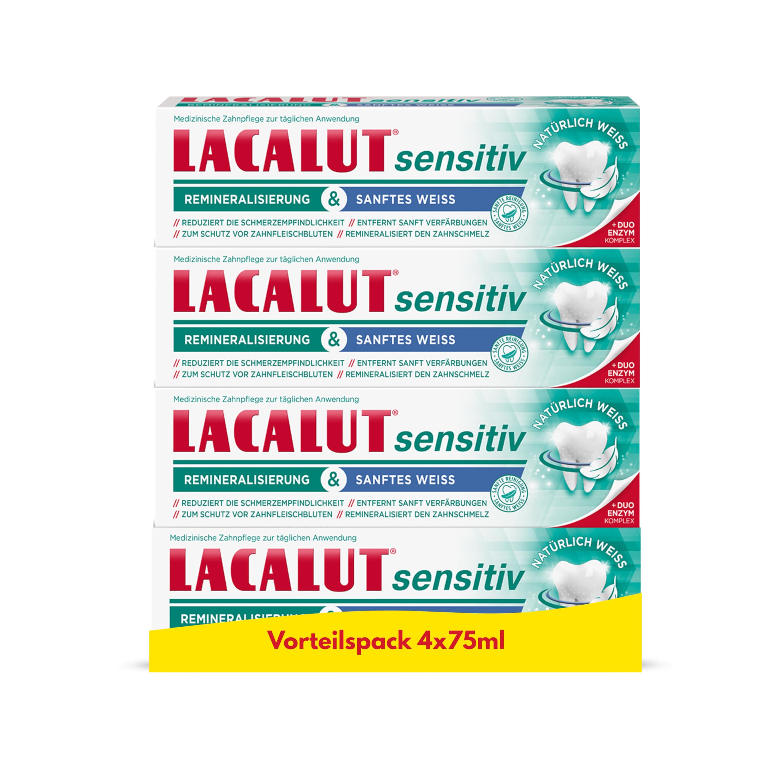 LACALUT Sensitiv Remineralisierung & sanftes Weiss 4er-Pack, reduziert die Schmerzempfindlichkeit, entfernt sanft Verfärbungen, remineralisiert den Zahnschmelz, 4x 75 ml