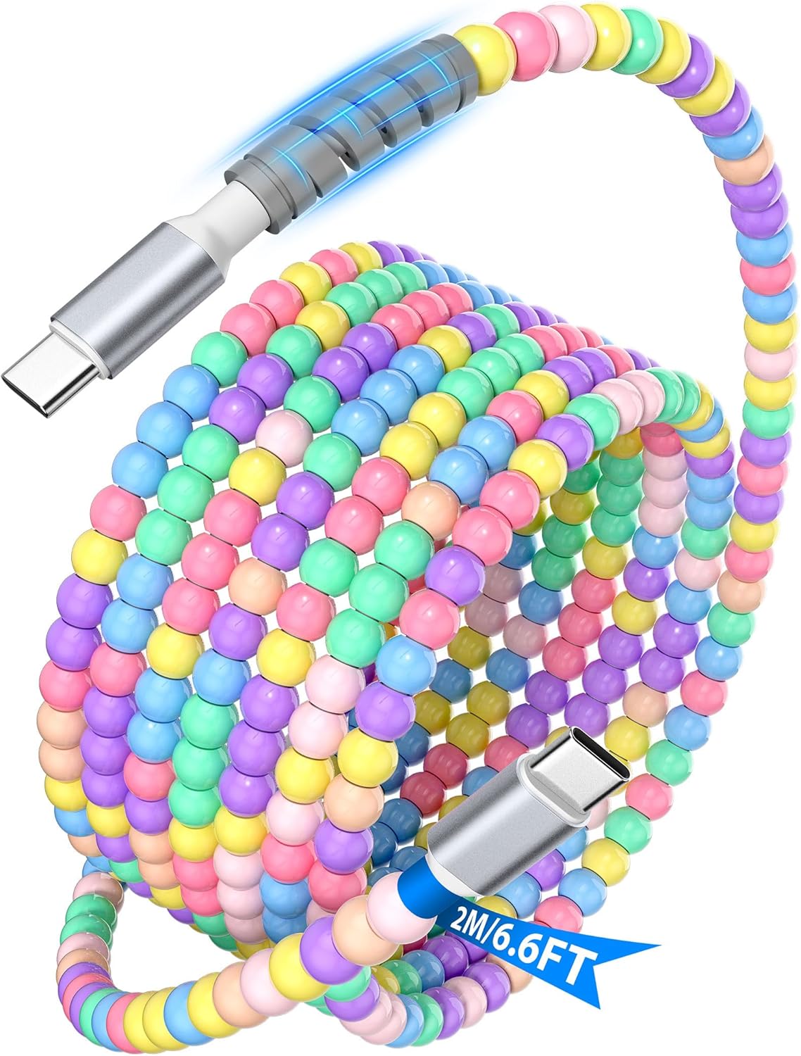 Open Ear USB-C Headphones,USB C Cable Beaded Fast Charging 6.6FT,Cute Beads String 60W 45W 40W 30W 27W 25W 20W USB-C to Type C PD Charge Cord for iPhone 17 Pro Max 16 16e 15 Galaxy S25 FE S24 S23 A17