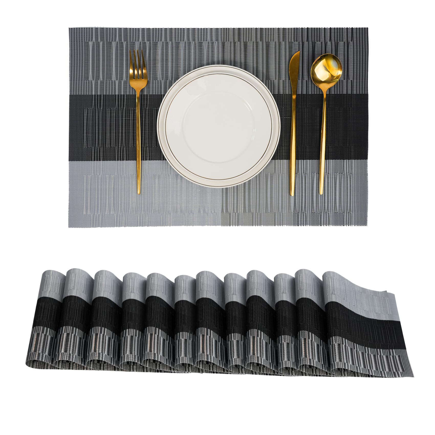 Sets de table en PVC tissé thermorésistants et lavables au design moderne noir gris