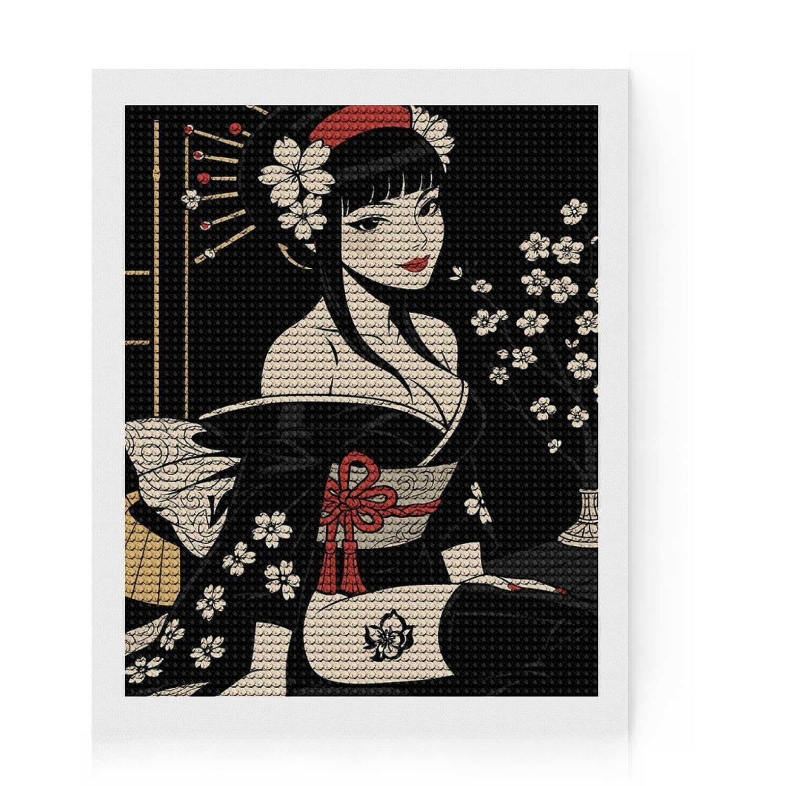 Junmoney Geisha with Cherry Blossoms Illustration Diamond Painting Kit 16"x20", Neat Printed Canvas, Sparkling Round Gems, Fun Craft Experience, Office Decor