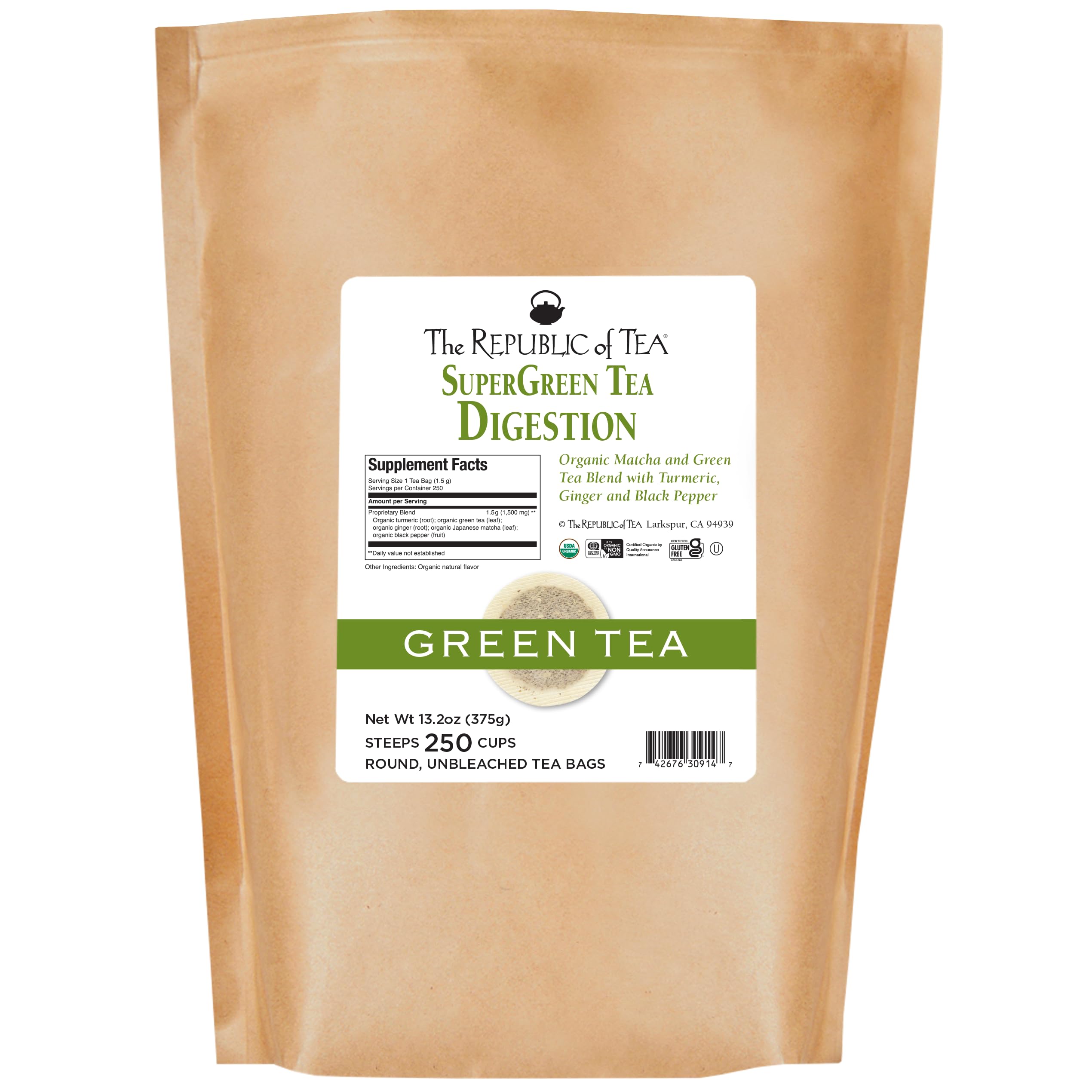The Republic of Tea - Organic Digestion SuperGreen Tea Bulk Bag 250 Tea Bags Naturally Caffeinated Japanese Matcha