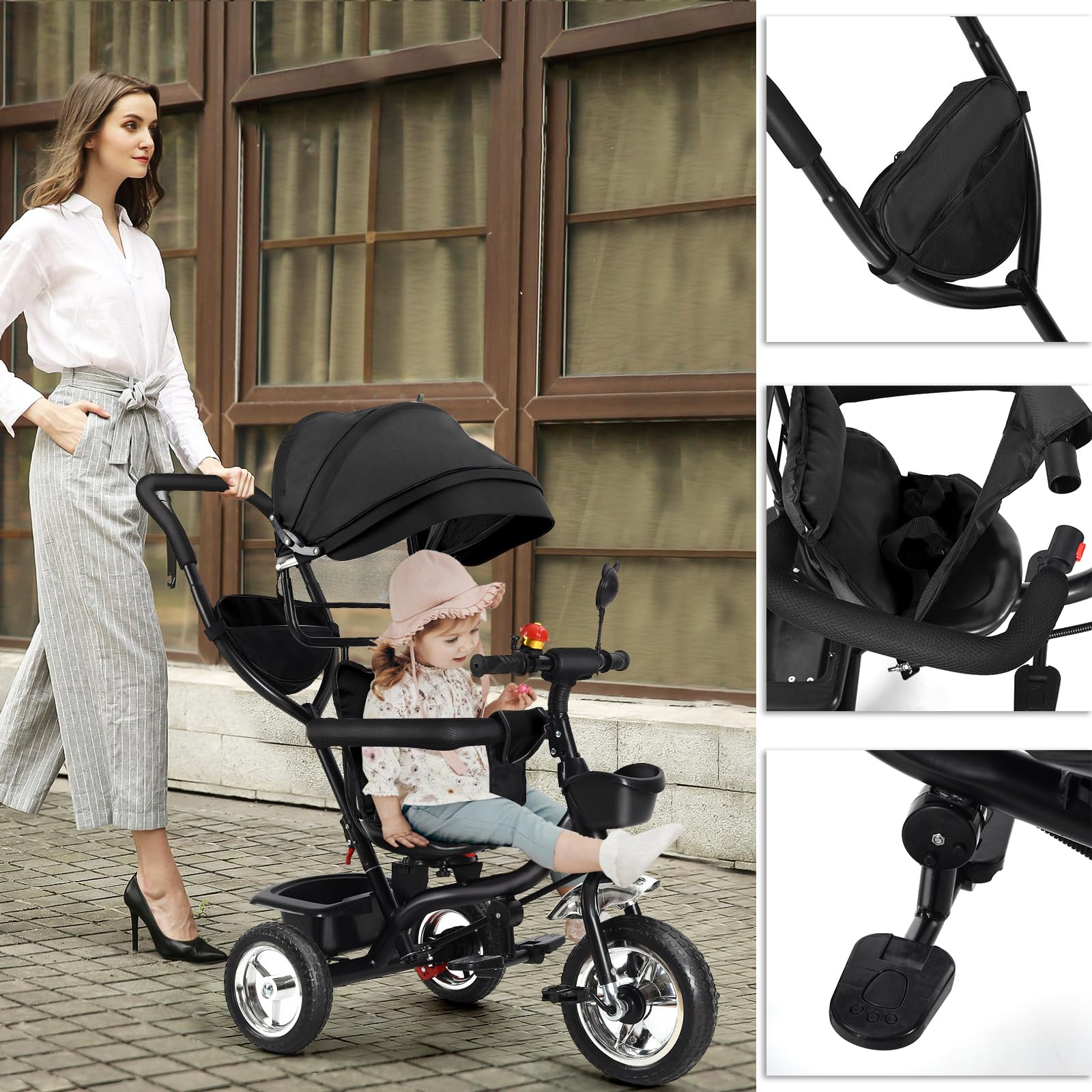 OHMG Tricycle bébé évolutif 5 en 1 vélo Poussette bébé avec poignée de poussée, auvent Amovible, Ceinture de sécurité à 5 Points, Rangement, Repose-Pieds, Frein, pour Enfants de 1 à 5 Ans