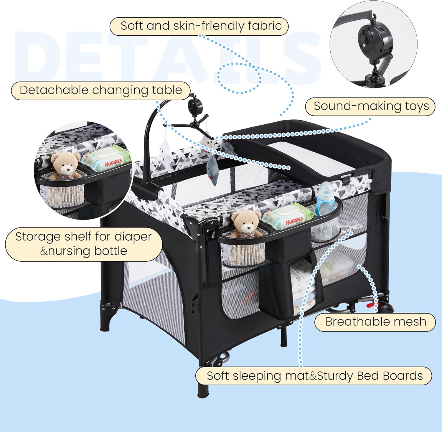 5-in-1 Baby Bassinet Bedside Sleeper with Swing Tube Converts to Cradle, Baby Crib with Mattress, Detachable Diaper Changer, Sound Toy, Free-Installation, Black | with storage rack, converts to playyard, with sound make toys, converts to cradle