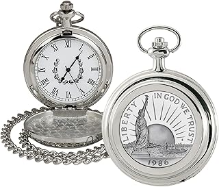 Coin Pocket Watch with Quartz Movement | Statue of Liberty Commemorative Half Dollar | Genuine U.S. Coin | Sweeping Second Hand, Roman Numerals | Certificate of Authenticity