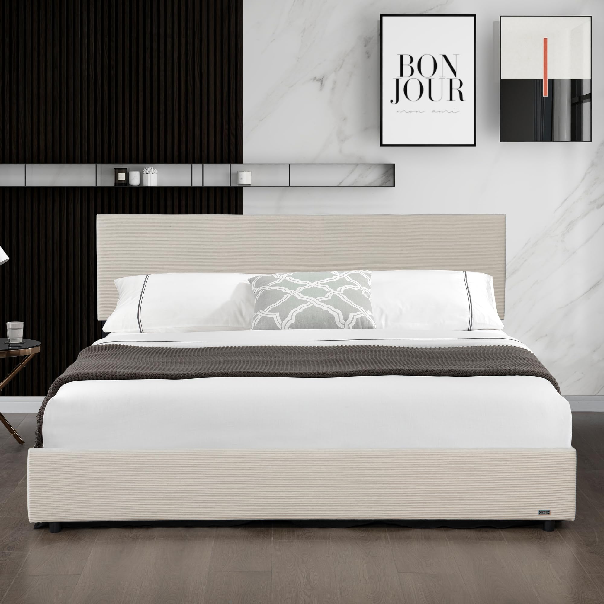 Corium Letto Contenitore con Apertura a Ribalta Letto Matrimoniale 160x200 cm Struttura a 2 Piazze con Spazio di Stoccaggio e Testiera Rivestimento in Velluto a Coste - Beige
